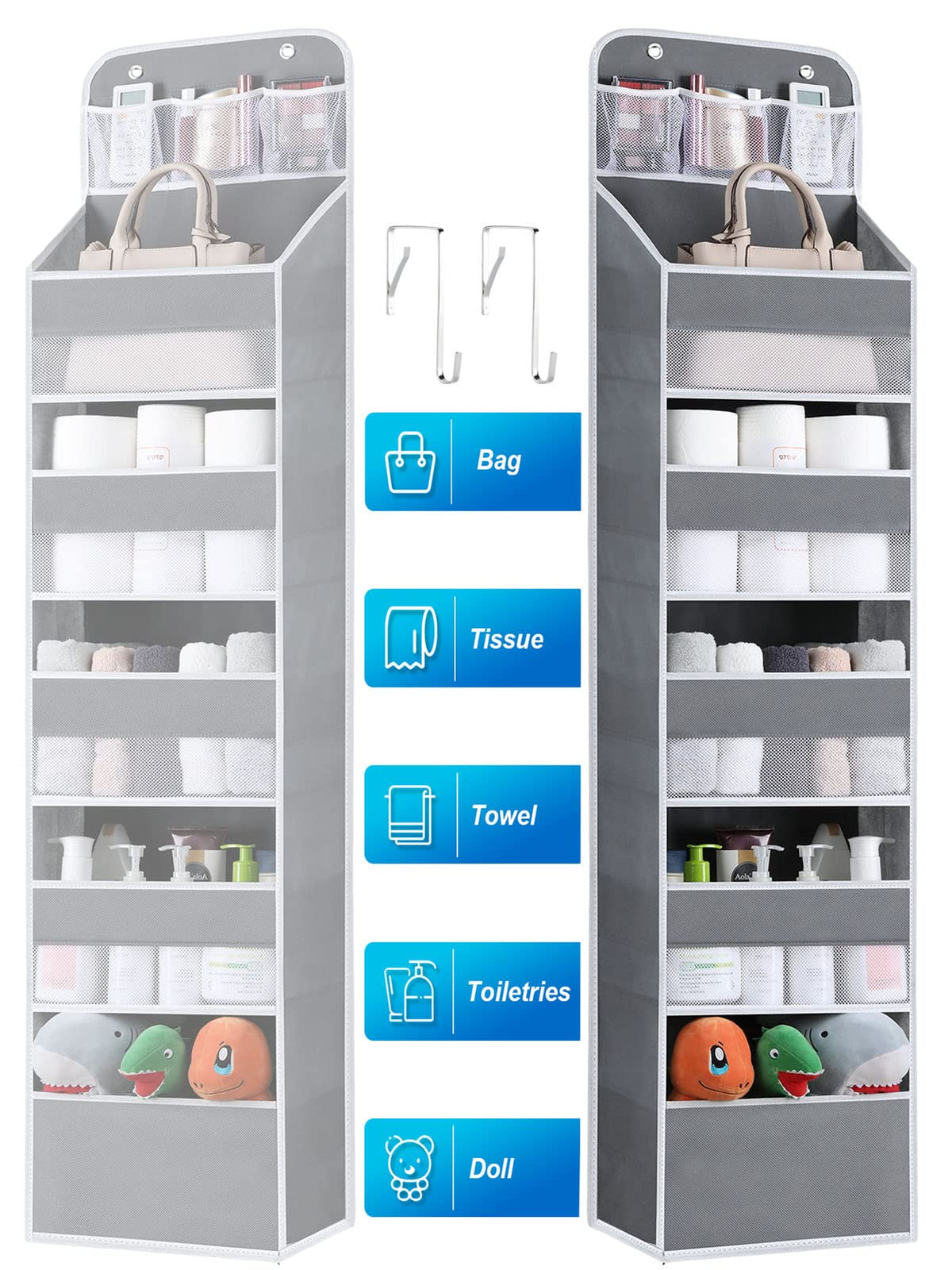 Over the Door Organizer Storage - 6 Shelf Hanging Storage Door Organizer with 8 Large Capacity Pockets, Anti Tilt Behind Door Or