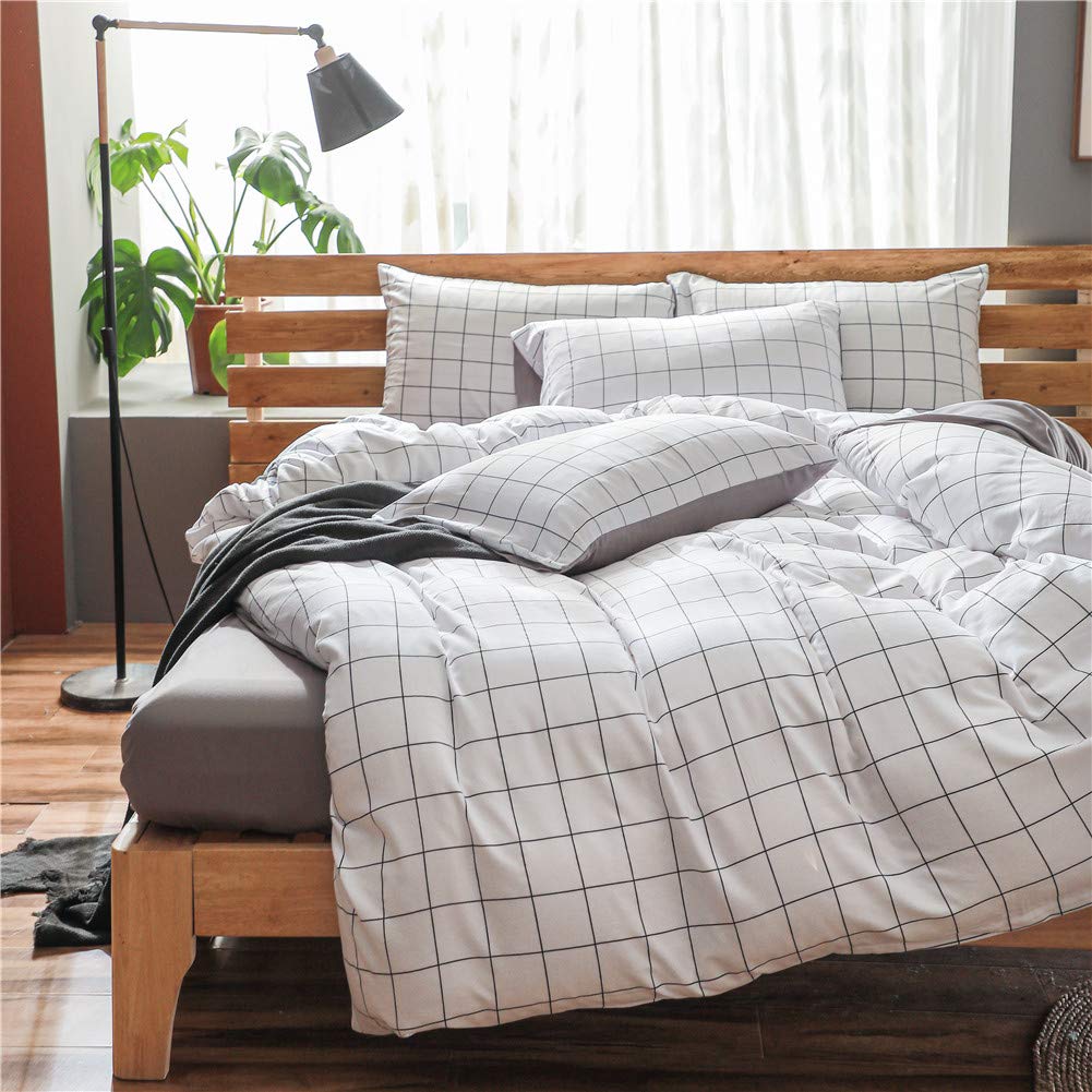 Nsnlgsgc Queen White Duvet Cover Set Grid - Washed Microfiber Cute Plaid Bedding Set Soft & Lightweight Breathable Clean Comfort