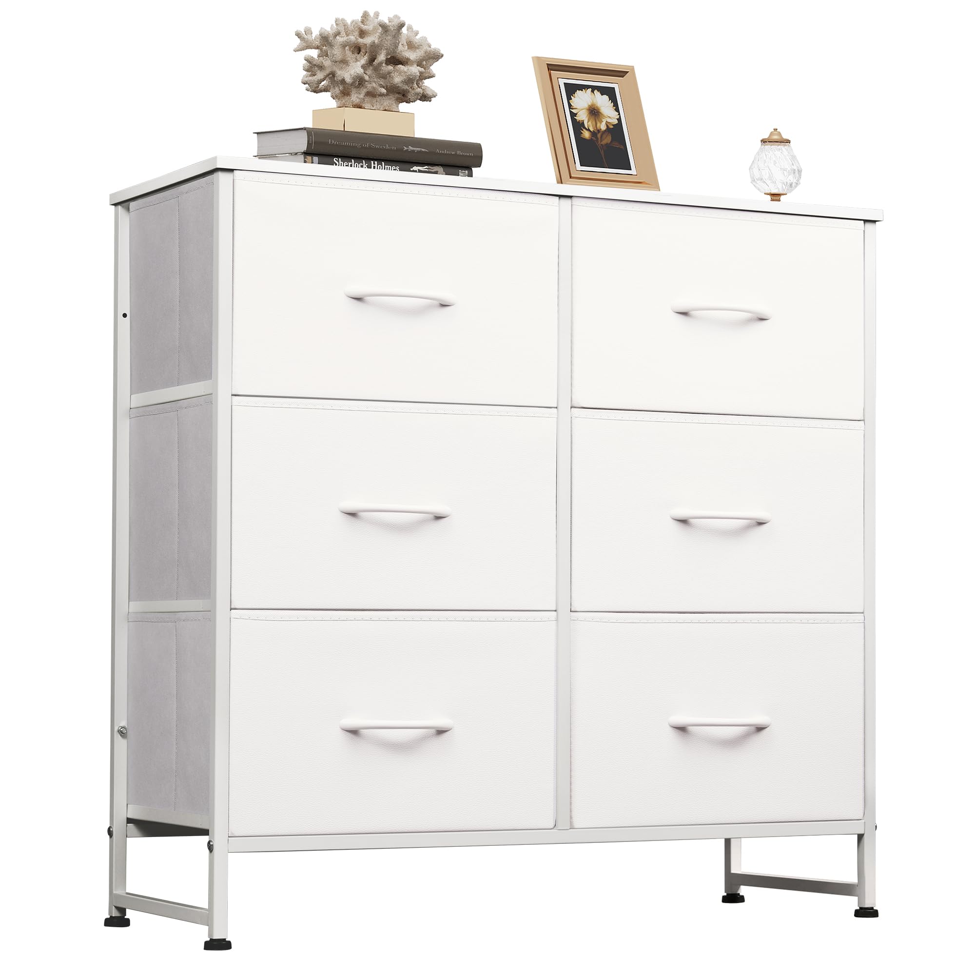 Wlive White Dresser For Bedroom, 6 Drawer Double Dresser, Fabric Storage Tower With Fabric Bins, Chest Of Drawers For Closet, Living Room, Hallway