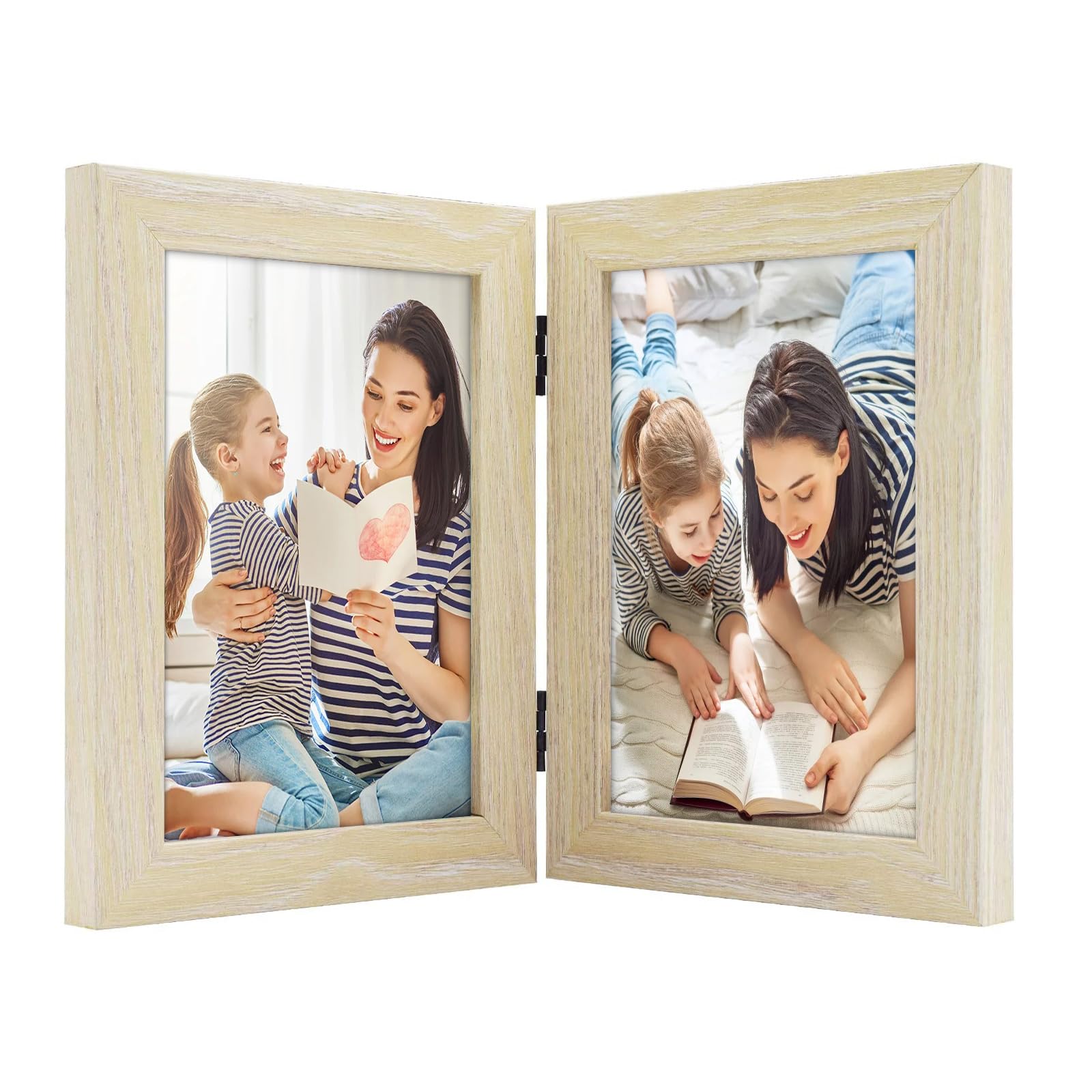 Golden State Art, 5x7 Double Hinged Picture Frame, Two Photo Folding Frames, for Wedding Family Pictures Collage (Beige, Double,