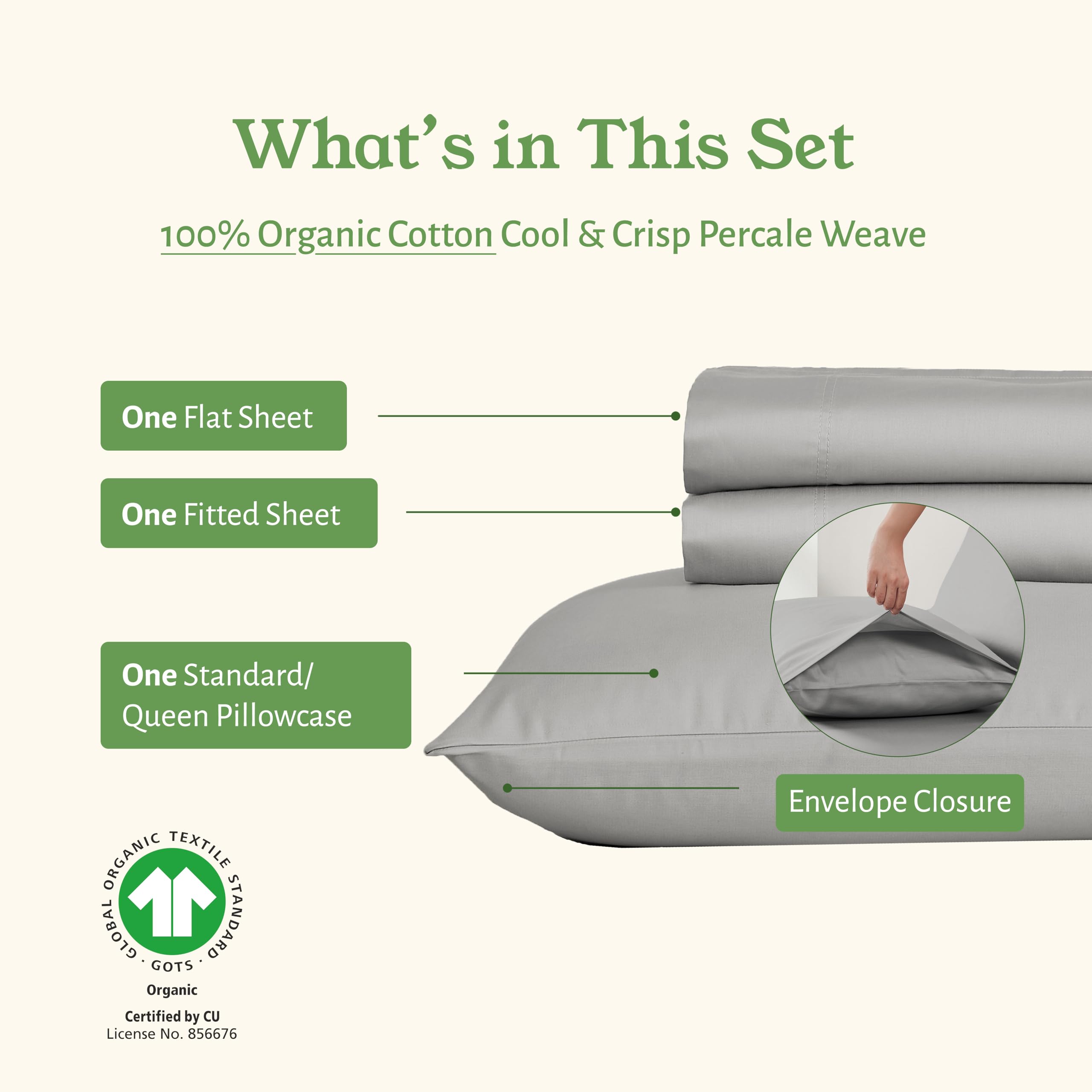 California Design Den Twin Sheets Set, 100% Organic Cotton Sheets, Deep Pockets Percale Sheets, Gots Certified Soft, Crisp & Cooling Sheets, Twin Bed Sheets, Light Grey Sheets