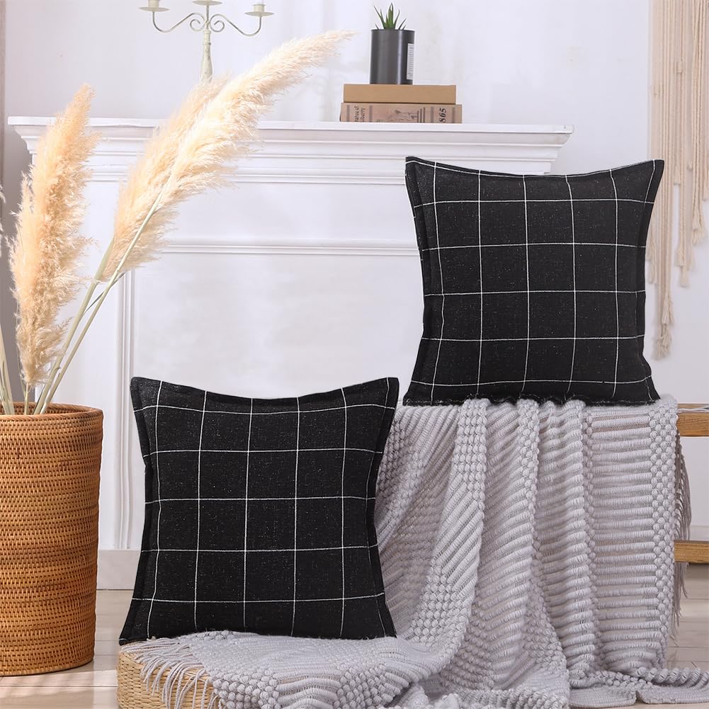 Carrie Home Black And White Plaid Boho Pillow Covers 20X20 Set Of 2, Farmhouse Decorative Linen Woven Throw Pillow Cover 20 X 20