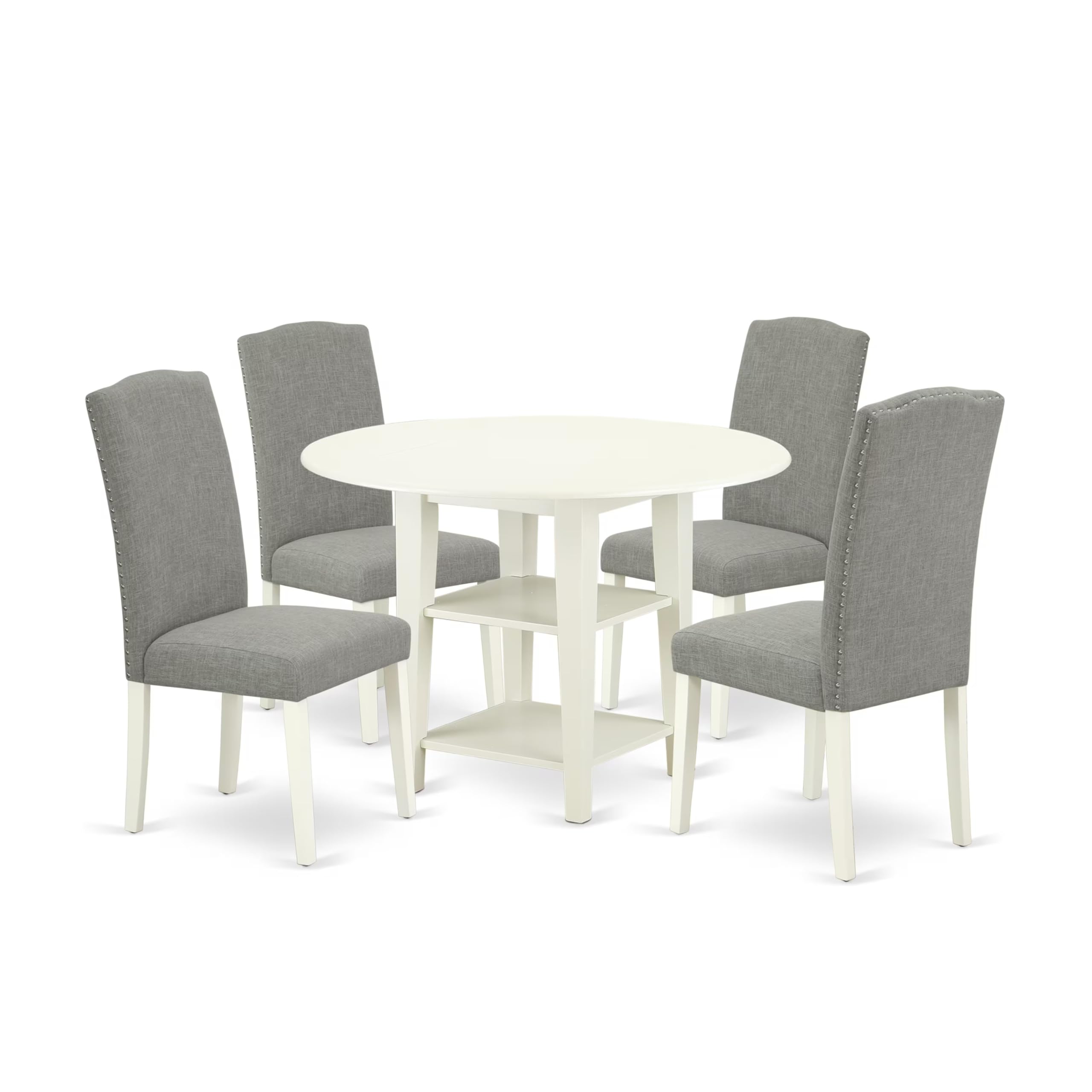 East West Furniture Suen5-Lwh-06 5 Piece Kitchen Table Set For 4 Includes A Round Dining Table With Dropleaf & Shelves And 4 Dark Shitake Linen Fabric Parsons Chairs, 42X42 Inch, Linen White