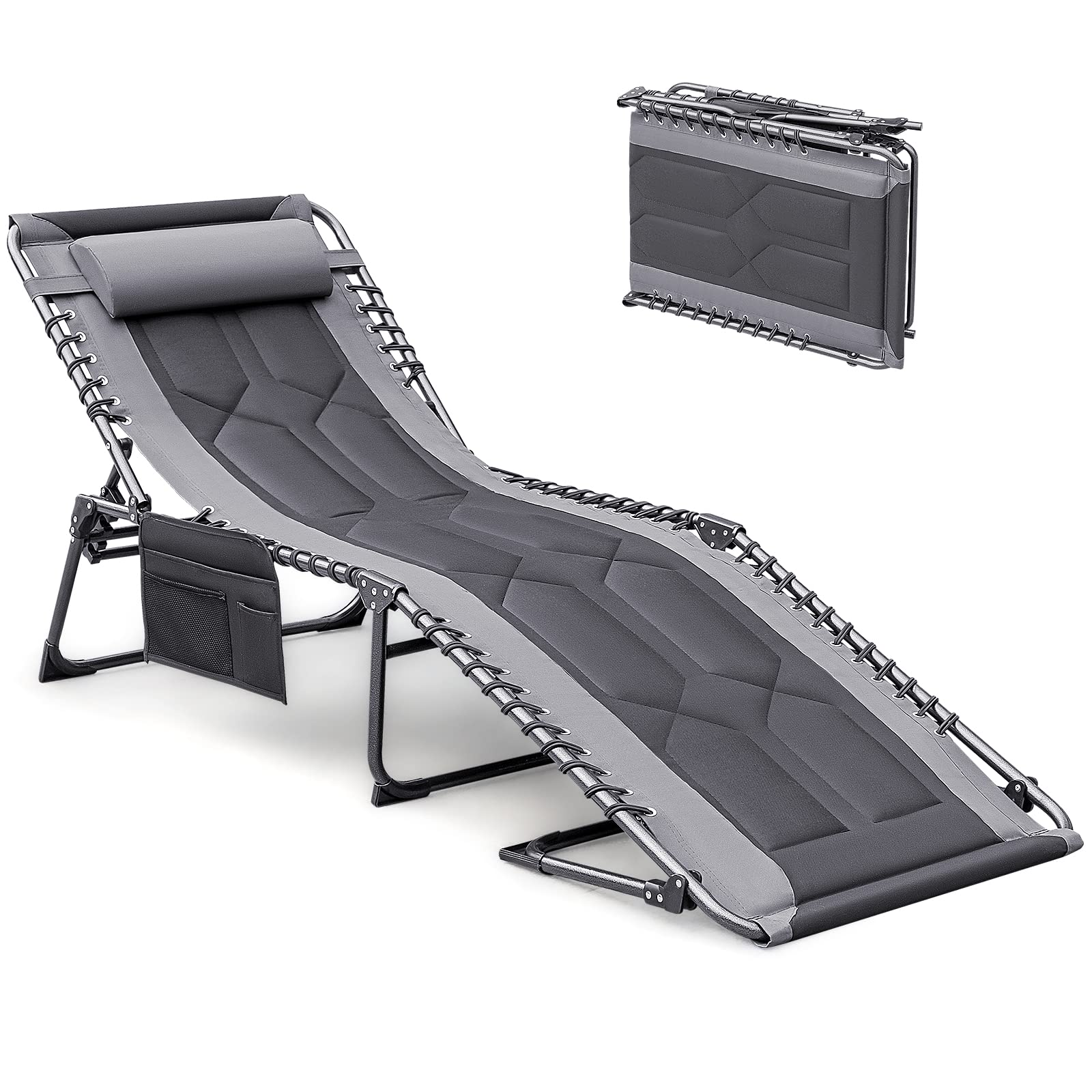 Devoko 4-Fold Padded Portable Folding Outdoor Chaise Lounge Heavy Duty Reclining Chair With Pillow & Side Pocket For Patio, Beach, Pool, Camping, Sunbathing (Gray)