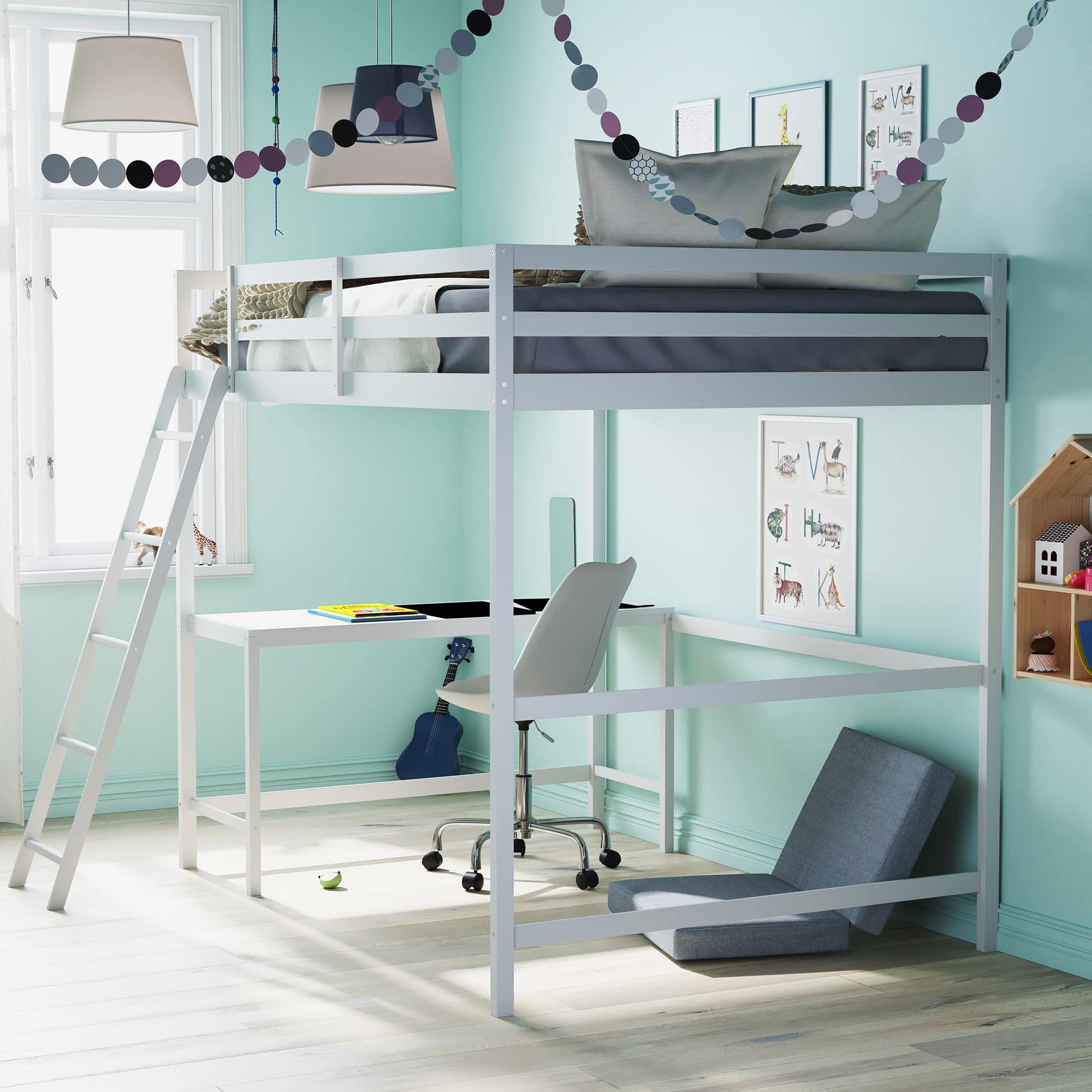Flash Furniture Riley Loft Bed Frame With Desk - White Wood Slats - Full Size - Protective Guard Rails & Ladder - Kids And Teens - Space Saving Design