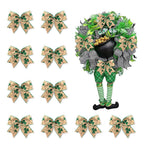 10pcs Saint Patrick's Day Wreath Bows St. Patrick's Bows Brown Green Clover Shamrock Burlap Bows for Wreaths, Irish Festival Rib