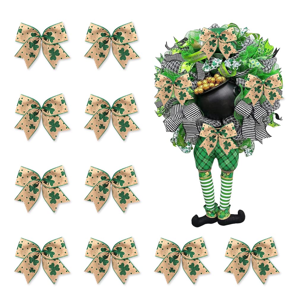 10pcs Saint Patrick's Day Wreath Bows St. Patrick's Bows Brown Green Clover Shamrock Burlap Bows for Wreaths, Irish Festival Rib