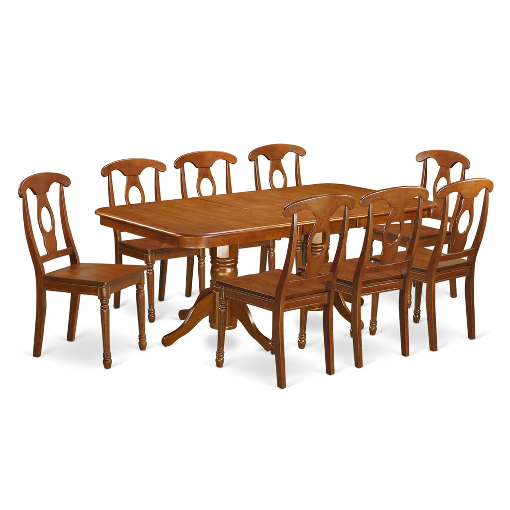 East West Furniture NANA9-SBR-W 9 Piece Kitchen Table & Chairs Set Includes a Rectangle Dining Room Table with Butterfly Leaf and 8 Solid Wood Seat Chairs, 40x78 Inch, Saddle Brown