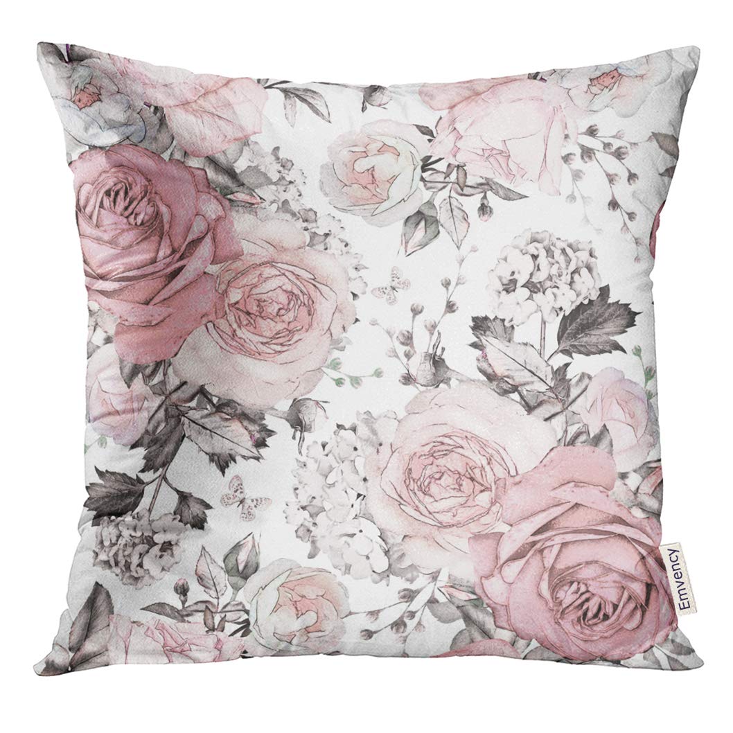 Golee Throw Pillow Cover Gray Abstract With Pink Flowers And Leaves On White Watercolor Floral Pattern Rose In Pastel Color Deco
