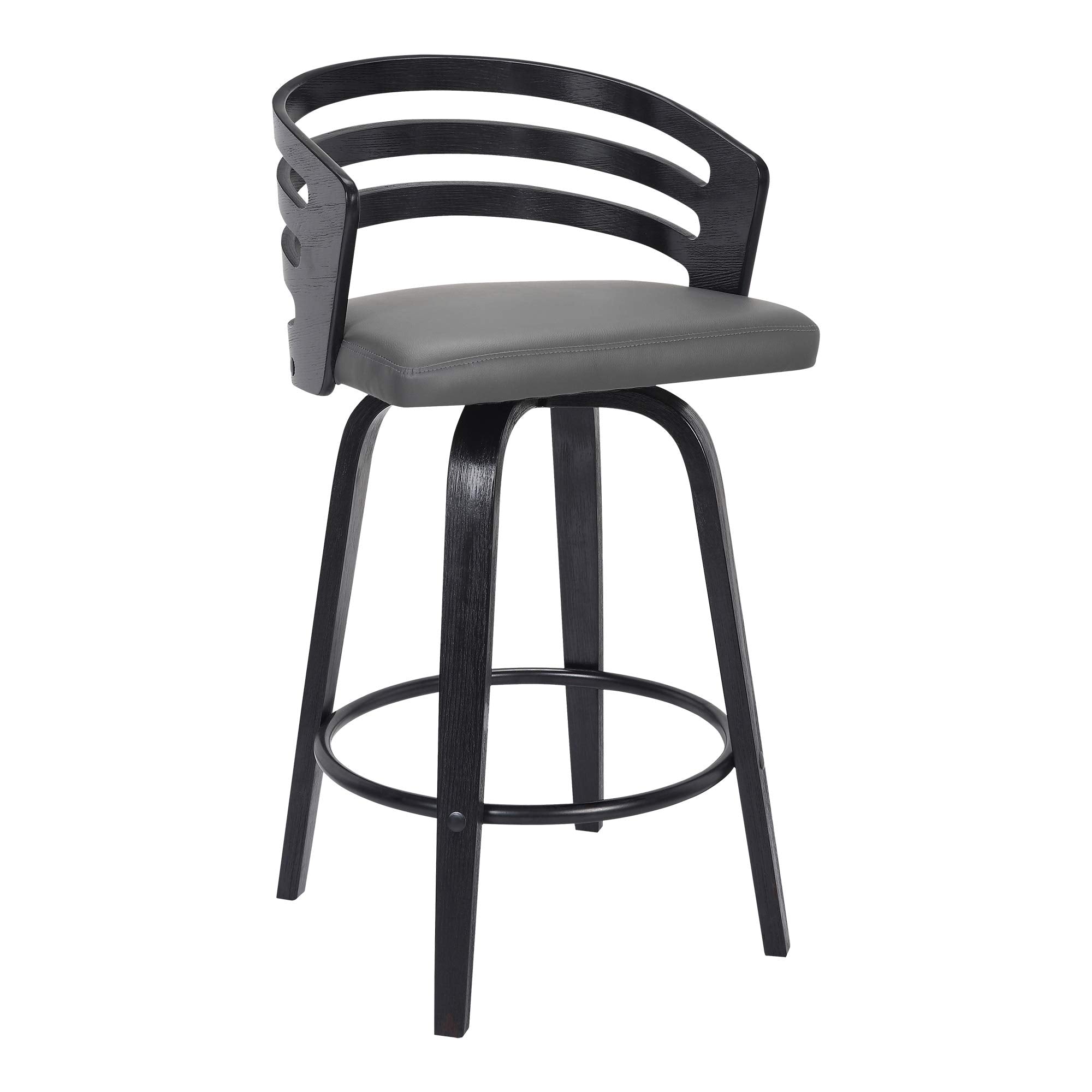 Armen Living Jayden Modern 26'' Seat Height Swivel Grey Faux Leather and Black Wood Bar Stool for Kitchen Island Counter