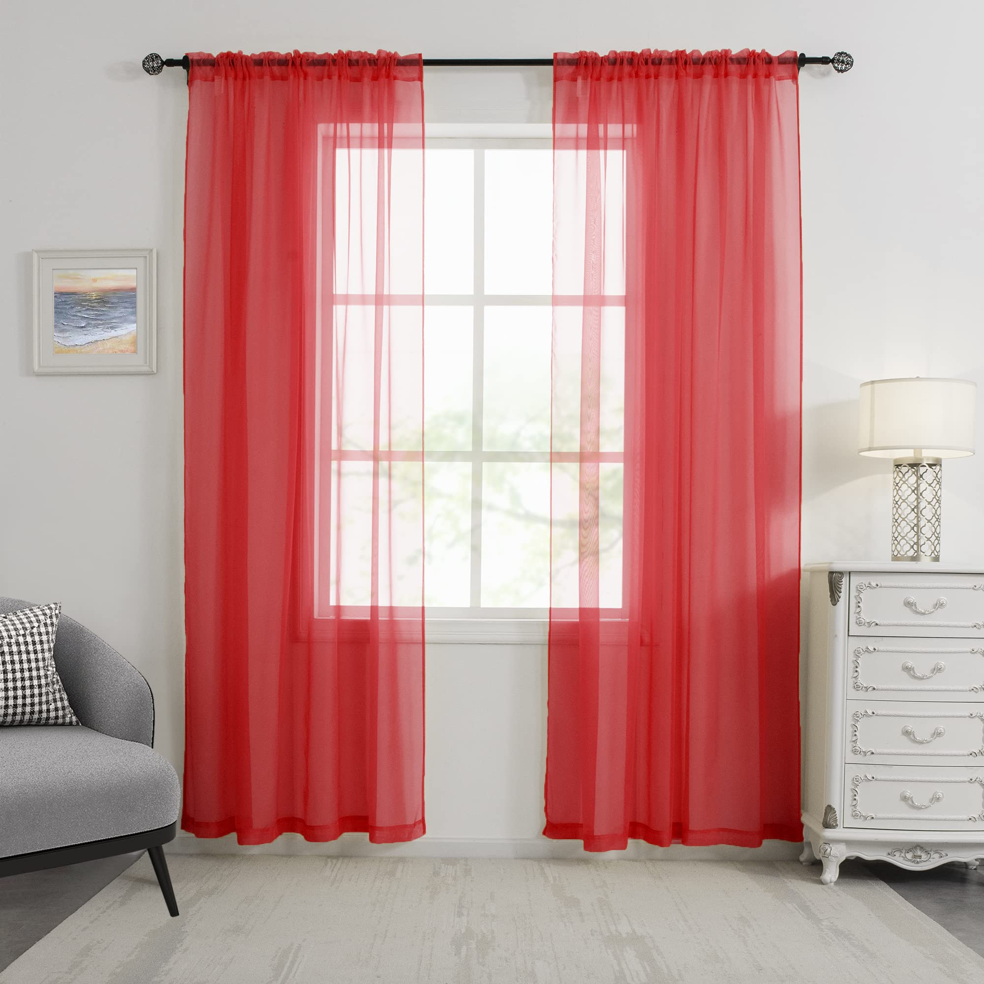 Huto Christmas Red Sheer Curtains 96 Inches Long For Baby Wedding Party Backdrop Rod Pocket Window Sheer Panels Drapes For Bedro