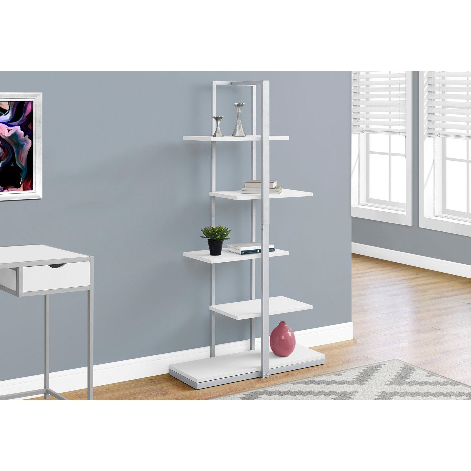 Monarch Specialties I 7233 Bookshelf, Bookcase, Etagere, 5 Tier, 60&quot; H, Office, Bedroom, Metal, Laminate, White, Grey, Contemporary, Modern