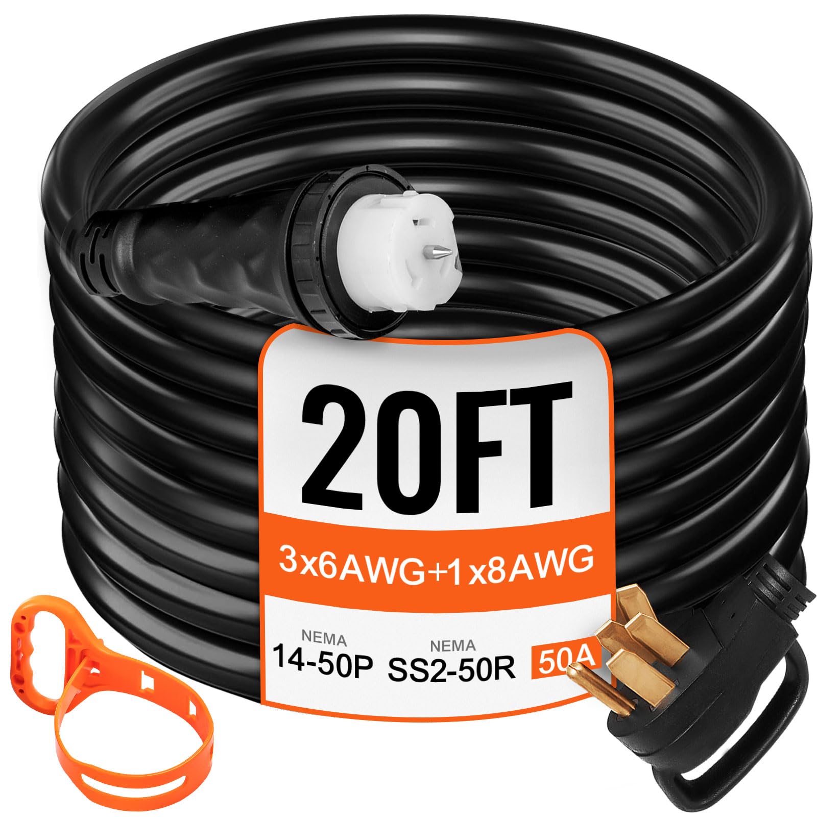 Vevor 20 Ft 50 Amp Generator Extension Cord Nema N14-50P & Ss2-50R & Cs6364, Stw 6/3 + 8/1 Awg 125V 250V Generator Power Cord Tw