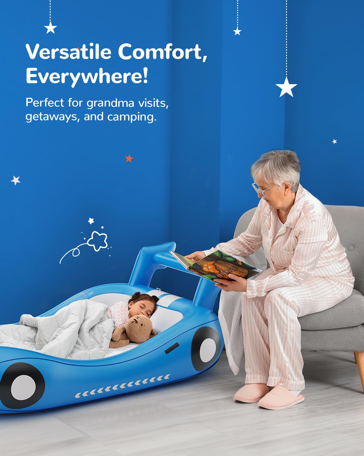 Qpau Inflatable Kids Bed, Toddler Travel Bed With Sides, For Camping, Traveling, Hotel, Or Home Use, Hand Pump Included (Blue)