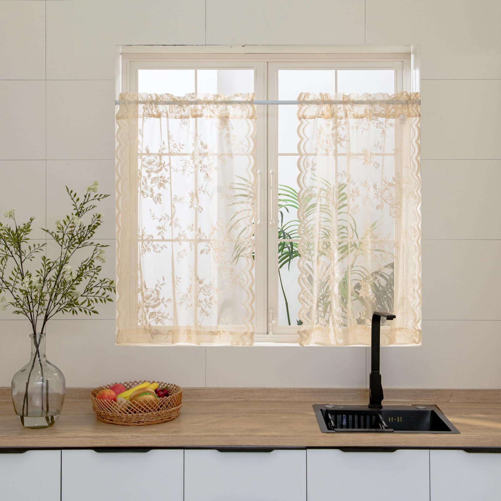 SEEKRIGHT Beige Lace Cafe Curtains 36 Inch Length Rod Pocket Privacy Sheer Short Kitchen Curtains 2 Panels Set Light Filtering B