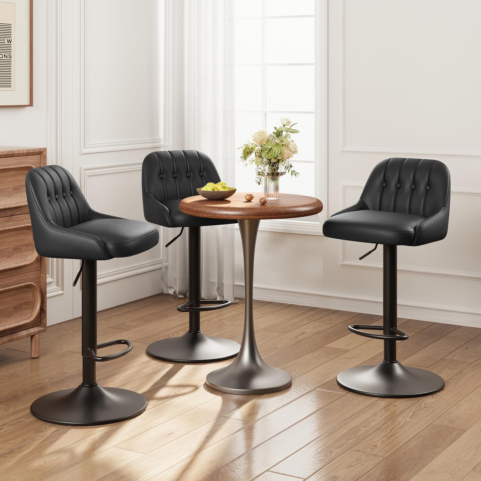MALOL Bar Stools Set of 3, Swivel Bar Chairs, Modern Adjustable PU Leather Upholstered Barstools Counter Height with Tufted Back
