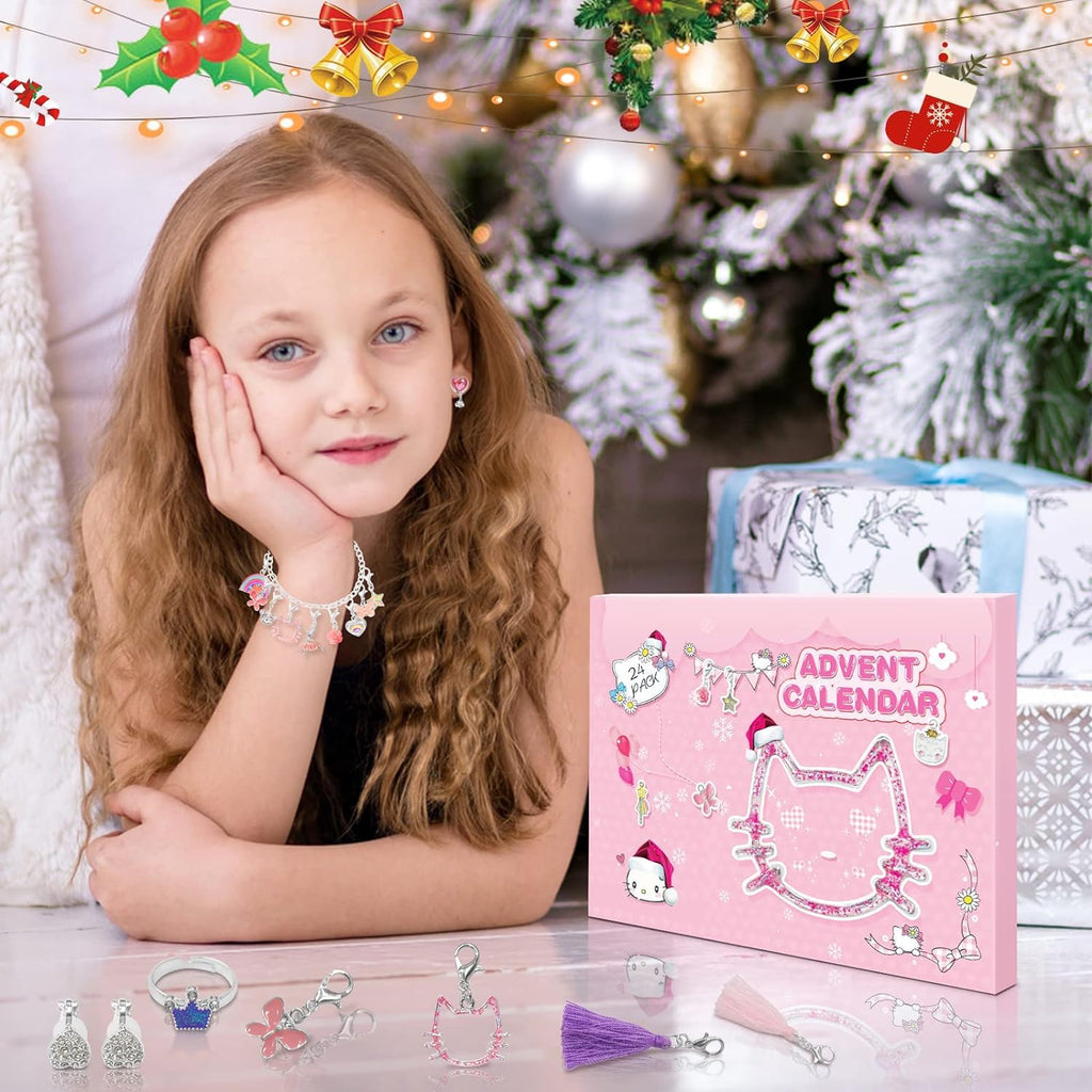 Advent Calendar 2024,Christmas Countdown Diy Cute Cat Charms Bracelet Fashion Christmas With 2 Bracelets And 22 Unique Charms Je