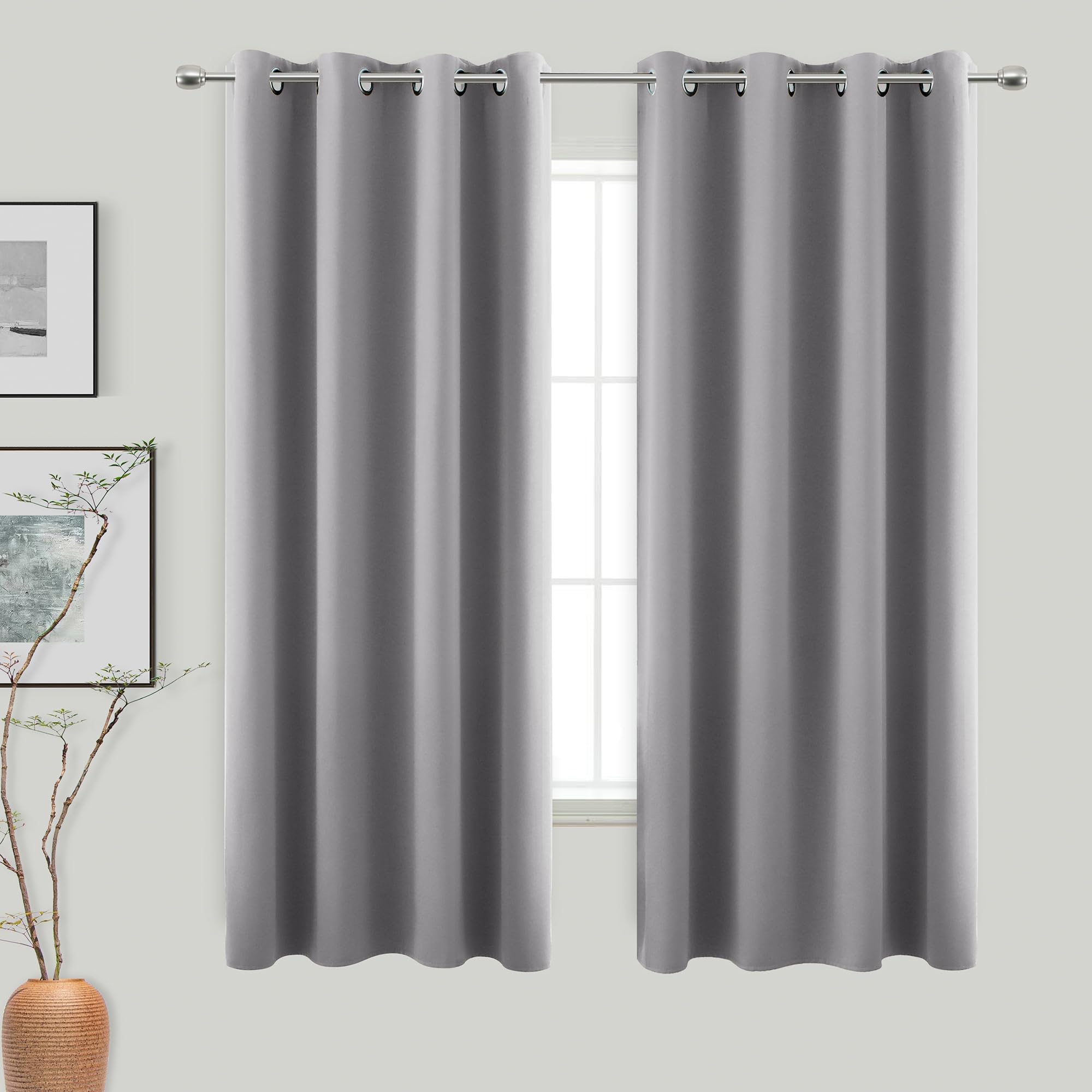 KOUFALL 63 Inch Length Curtains for Living Room 2 Panel Set,Thermal Insulated Room Darkening Light Gray Blackout Curtains for Be