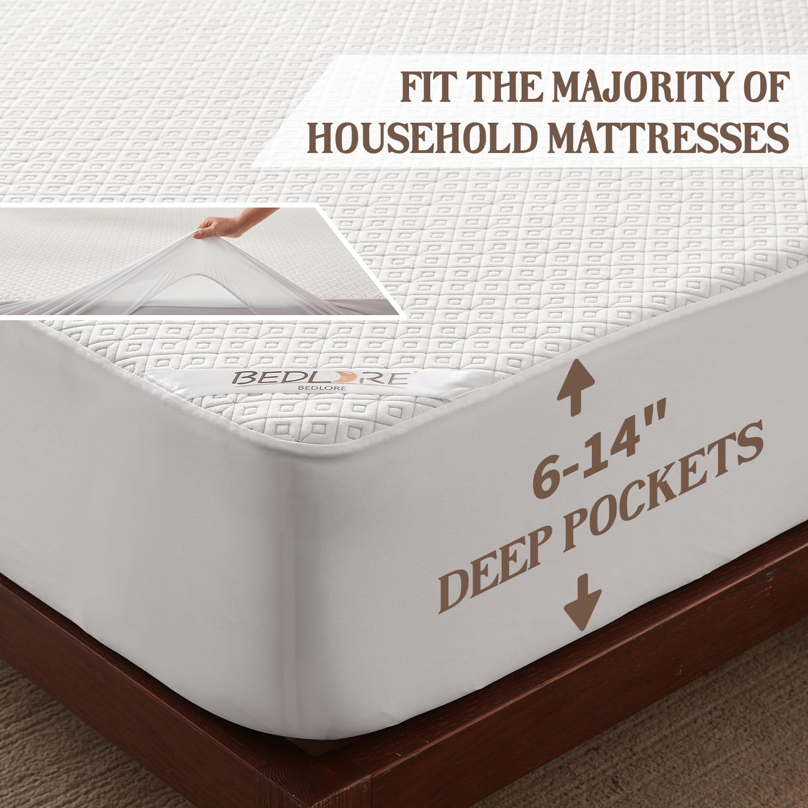 Bedlore Waterproof Twin Xl Mattress Protector, Noiseless Mattress Cover With Stretchable Pockets For 6-14 Inches Mattress, Soft