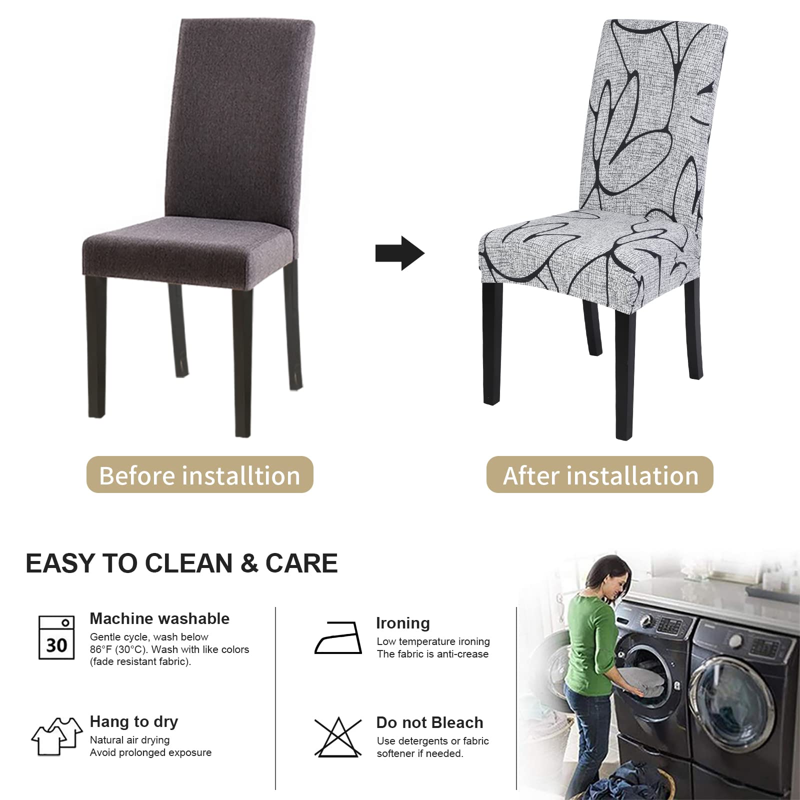 Searchi Dining Room Chair Covers Set Of 4, Stretch Printed Parsons Chair Slipcovers Spandex Removable Washable Kitchen Chair Protector Cover For Dining Room, Hotel, Ceremony (Grey Lotus+White Texture)