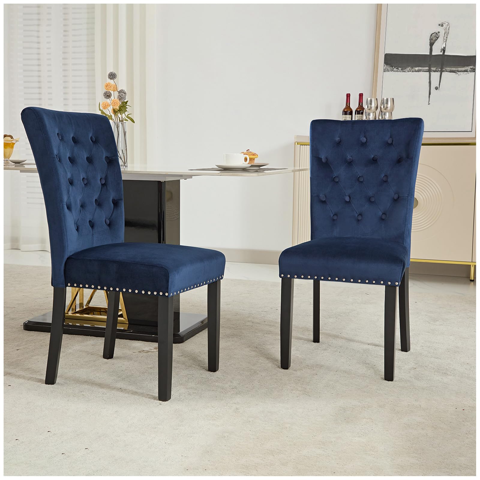 Adochr Velvet Dining Chair Set Of 2, Parsons Upholstered Dining Room Chair, Wood Accent Chair With Nailed Trim, Blue