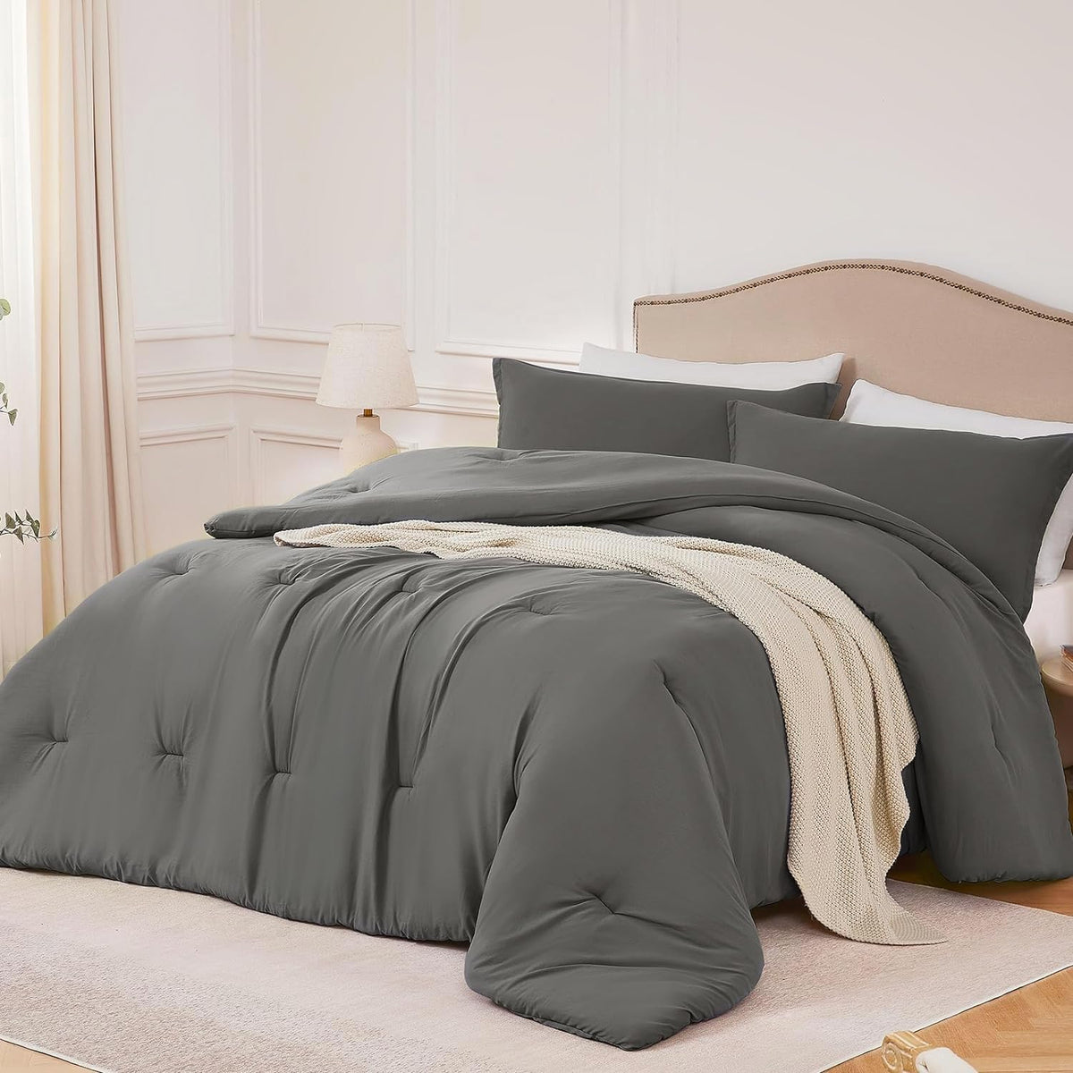 Quataly King Comforter Set Grey,3Pcs Soft Lightweight Breathable Bedding Comforter Sets For All Season, King Size(104''  90'' Co