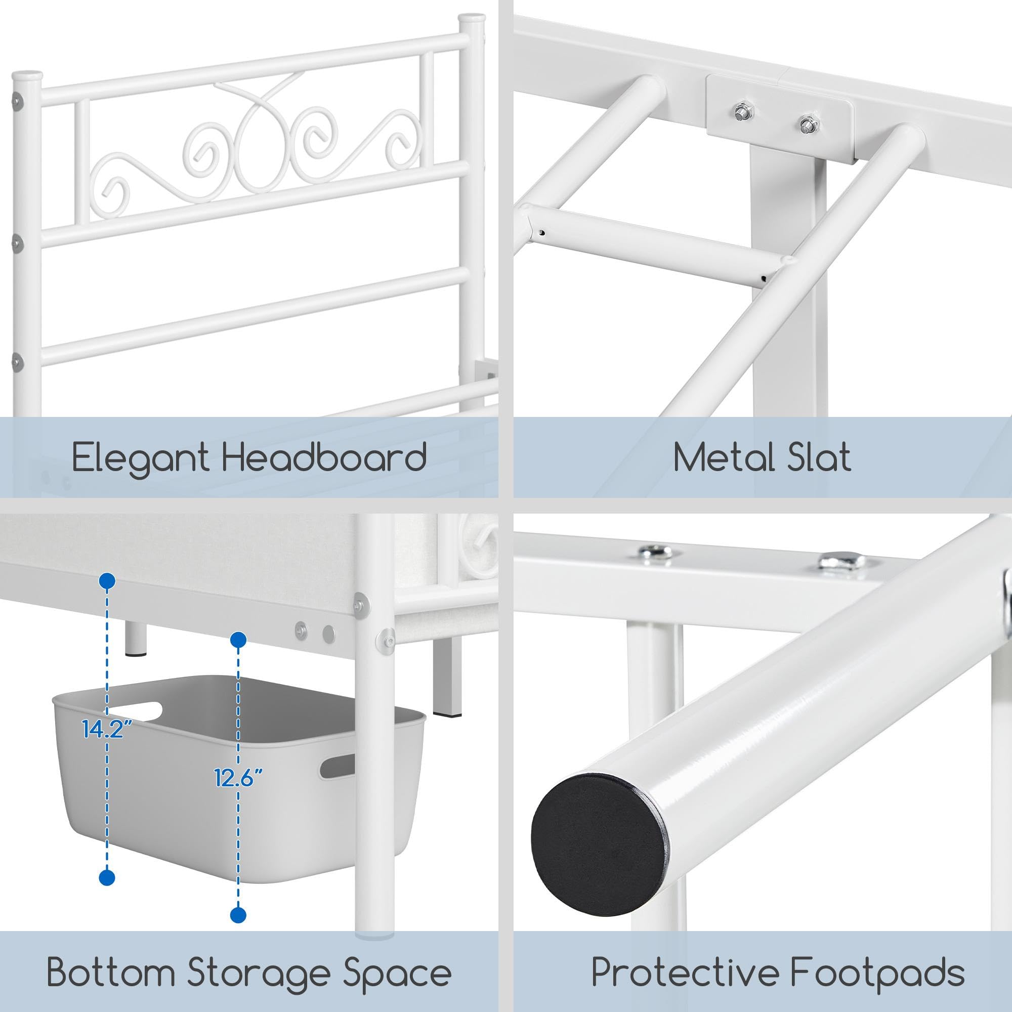 Yaheetech Twin Bed Frames Metal Platform Bed With Headboard And Footboard No Box Spring Needed Easy Assembly,Ground Clearance: 12.6''/White/Twin Bed