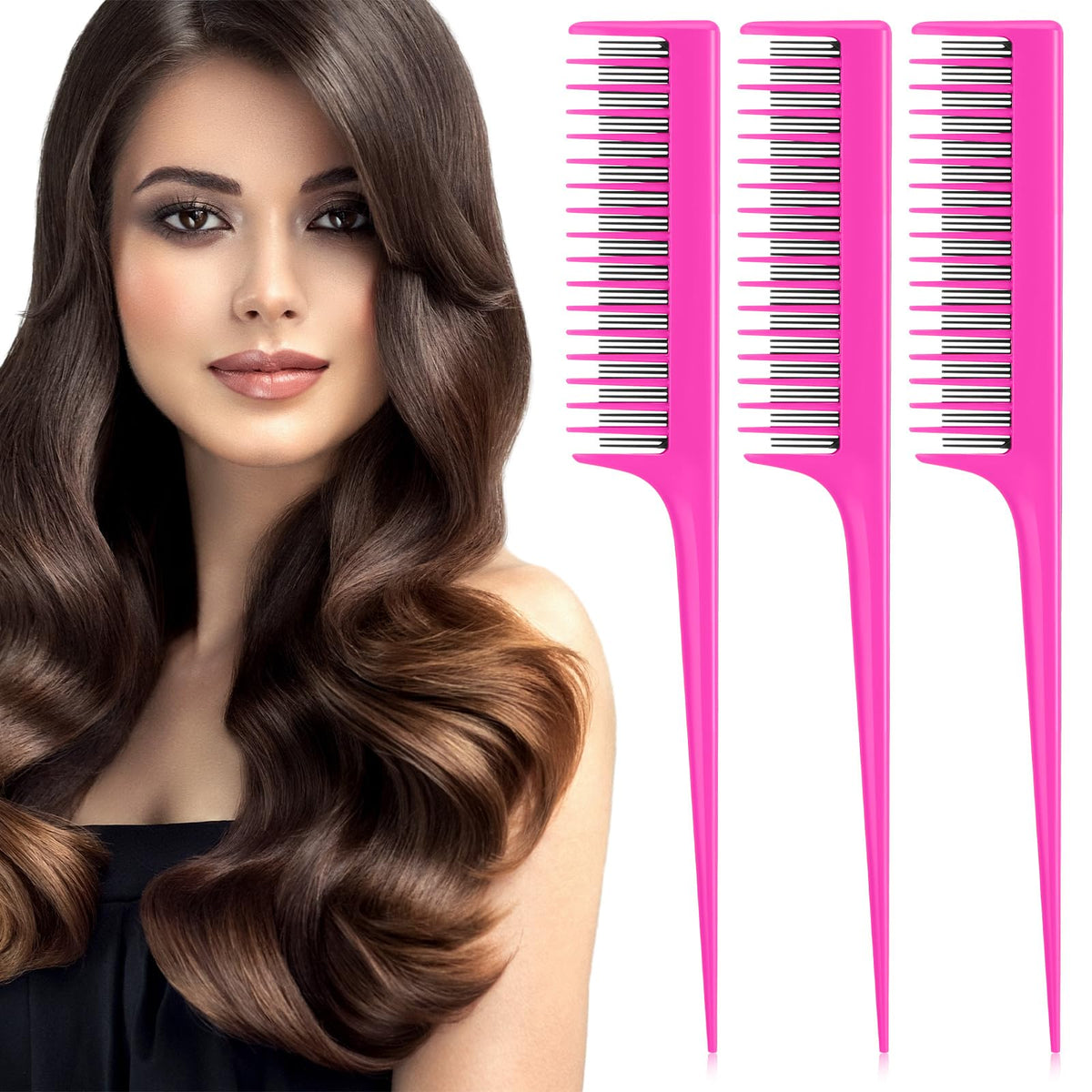 Leinuosen 3 Piece Triple Teasing Comb Rat Tail Comb Tool and Structure Tease Layers Rattail Comb for Women Back Combing Root Tea