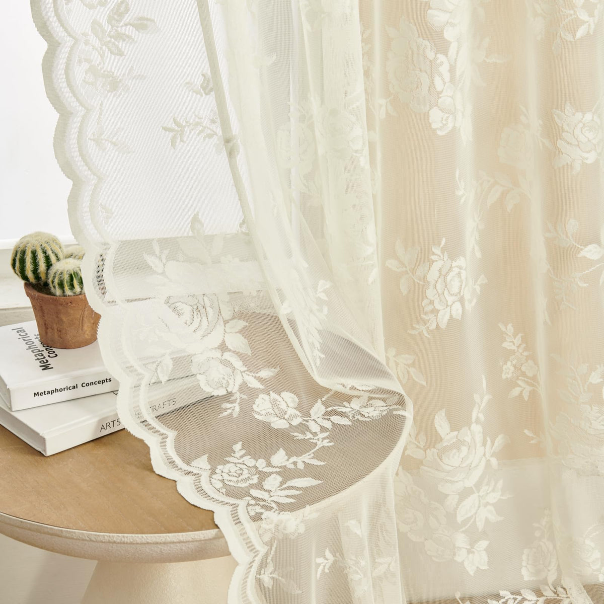 Seekright Ivory Lace Curtains 63 Inch Length 2 Panels Victorian Floral Sheer Curtains For Living Room Bedroom Rod Pocket Light F