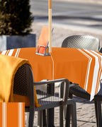 Fall Outdoor Tablecloth With Umbrella Hole, Farmhouse Orange White Stripe Square Tables Zippered Table Cloth Waterproof Tabletop