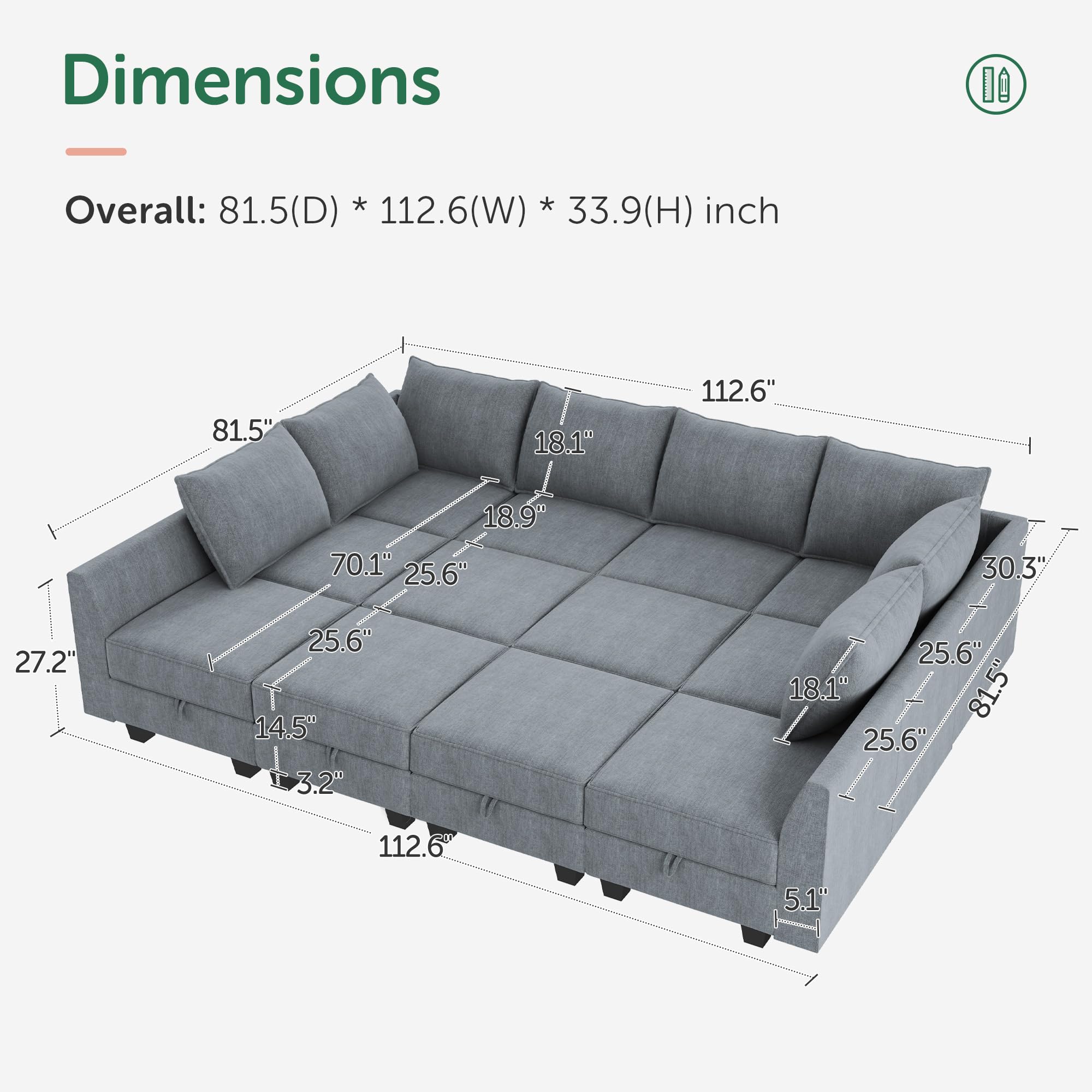 Honbay Convertible Sleeper Sectional Sofa Bed Modular Sofa With Storage Seat Reversible Sectional Sleeper Sofa Set With Modular Sectional Couch Bed, Bluish Grey