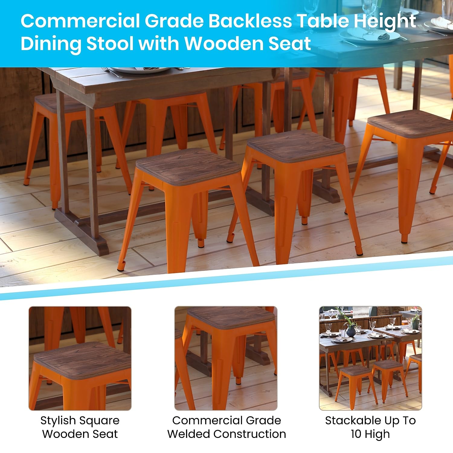 Flash Furniture Metal Dining Table Height Stool with Wooden Seat Set of 4 - Backless Orange Kai Commercial Grade Stool - Kai 18&quot; Stackable Dining Chairs
