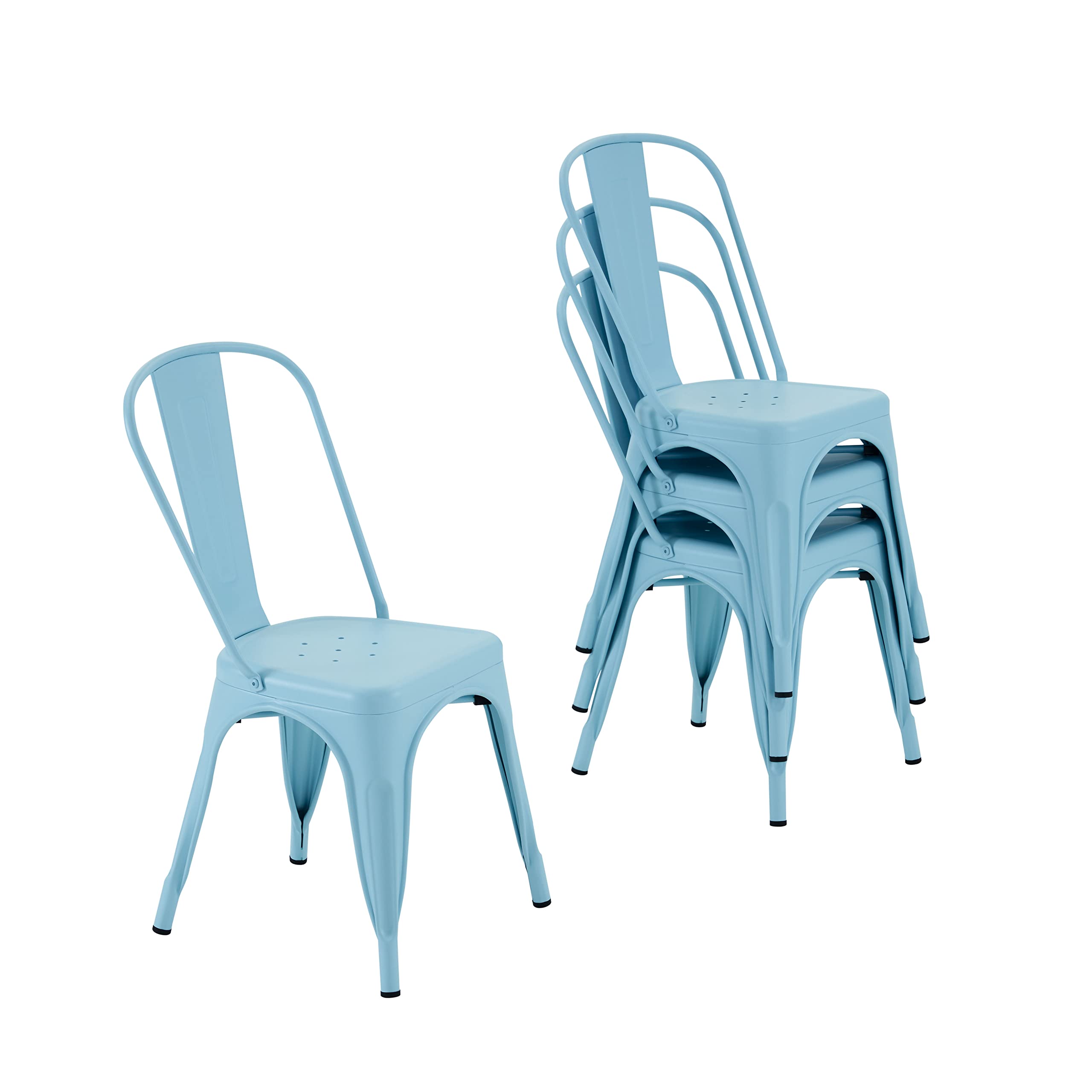Nazhura Metal Dining Chair Farmhouse Tolix Style For Kitchen Dining Room Café Restaurant Bistro Patio, 18 Inch, Stackable, Waterproof Indoor/Outdoor (Sets Of 4) (Blue)