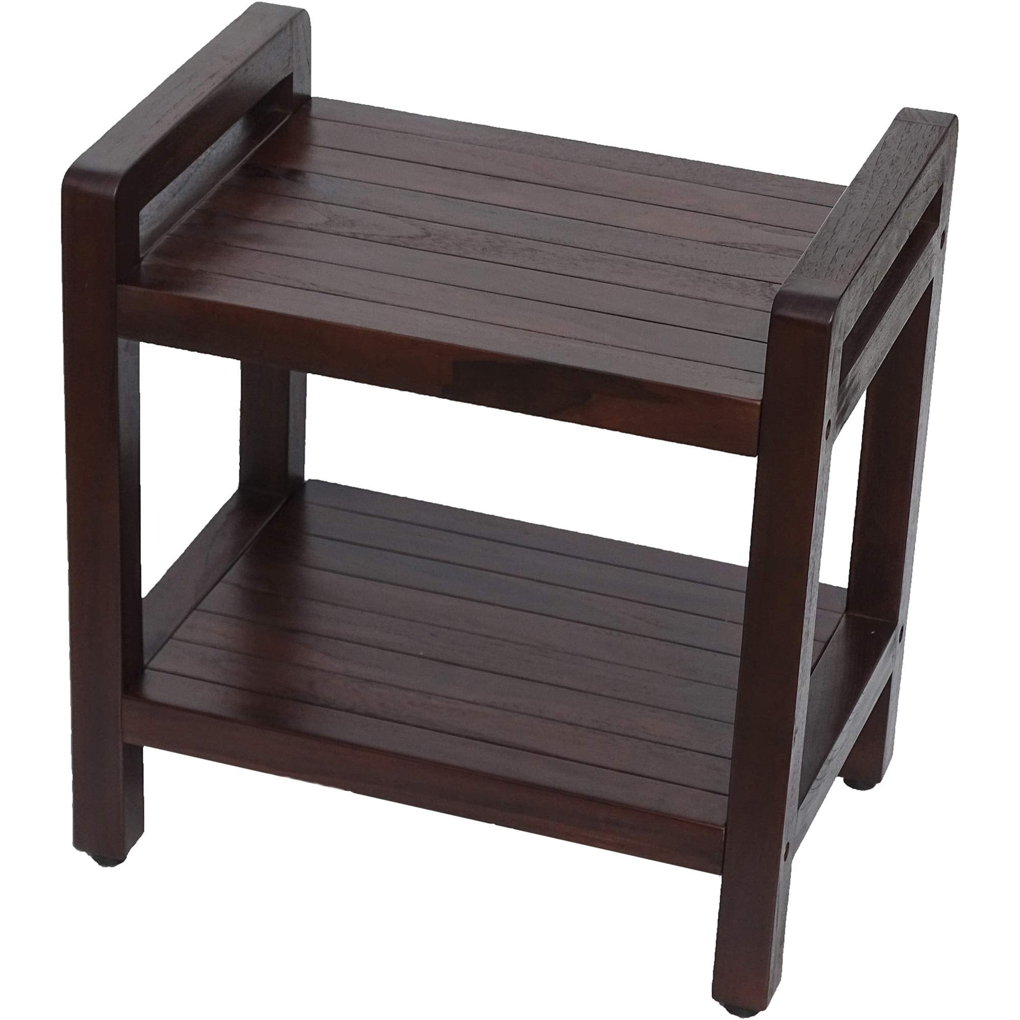 HomeRoots Dark Brown Compact Rectangular Teak Shower/Outdoor Bench with Shelf and Liftaide Arms - Thumbnail 3