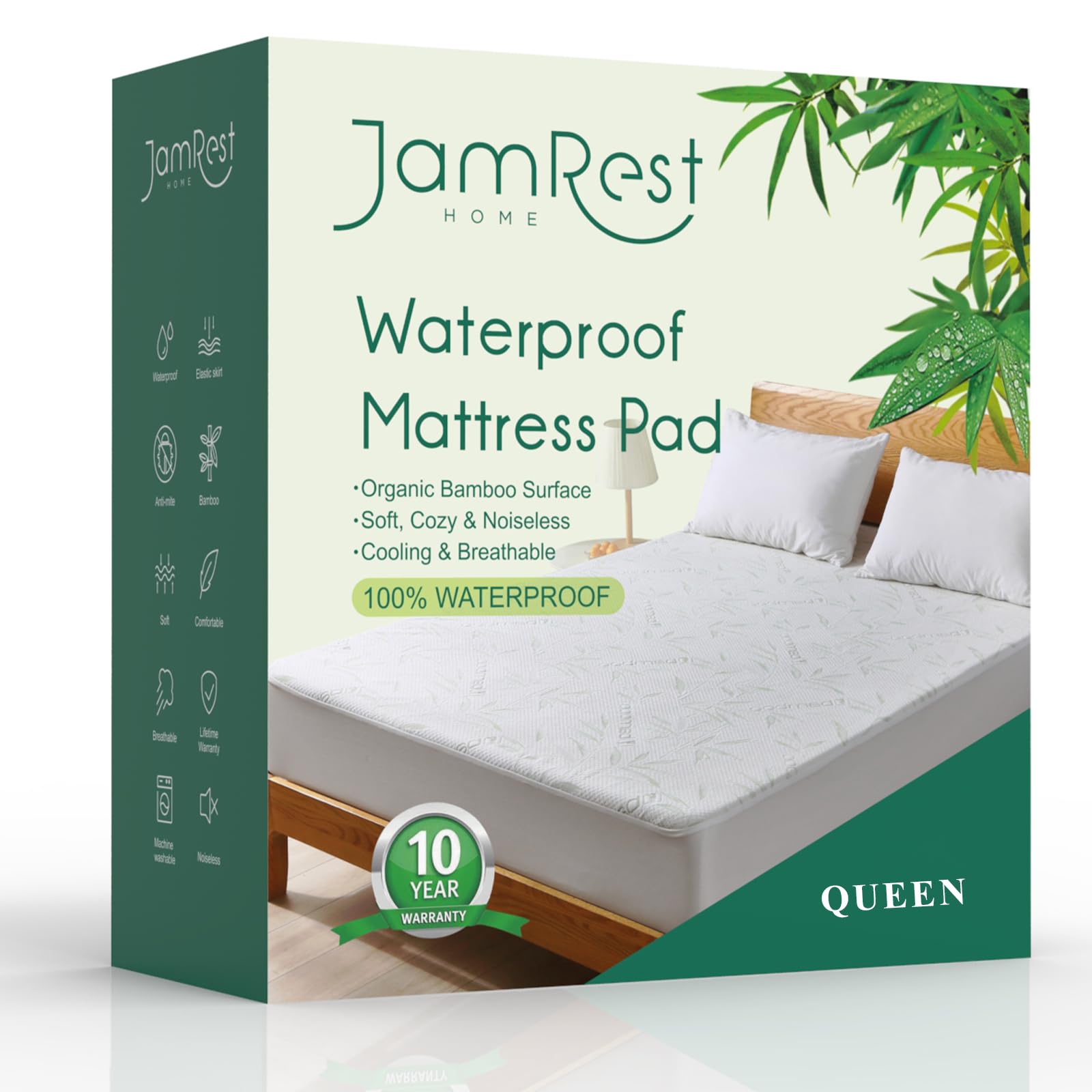 Jamrest Waterproof Mattress Protector Queen Size, Viscose Cooling Breathable Mattress Cover, Fitted Deep Pocket Mattress Pad Cov