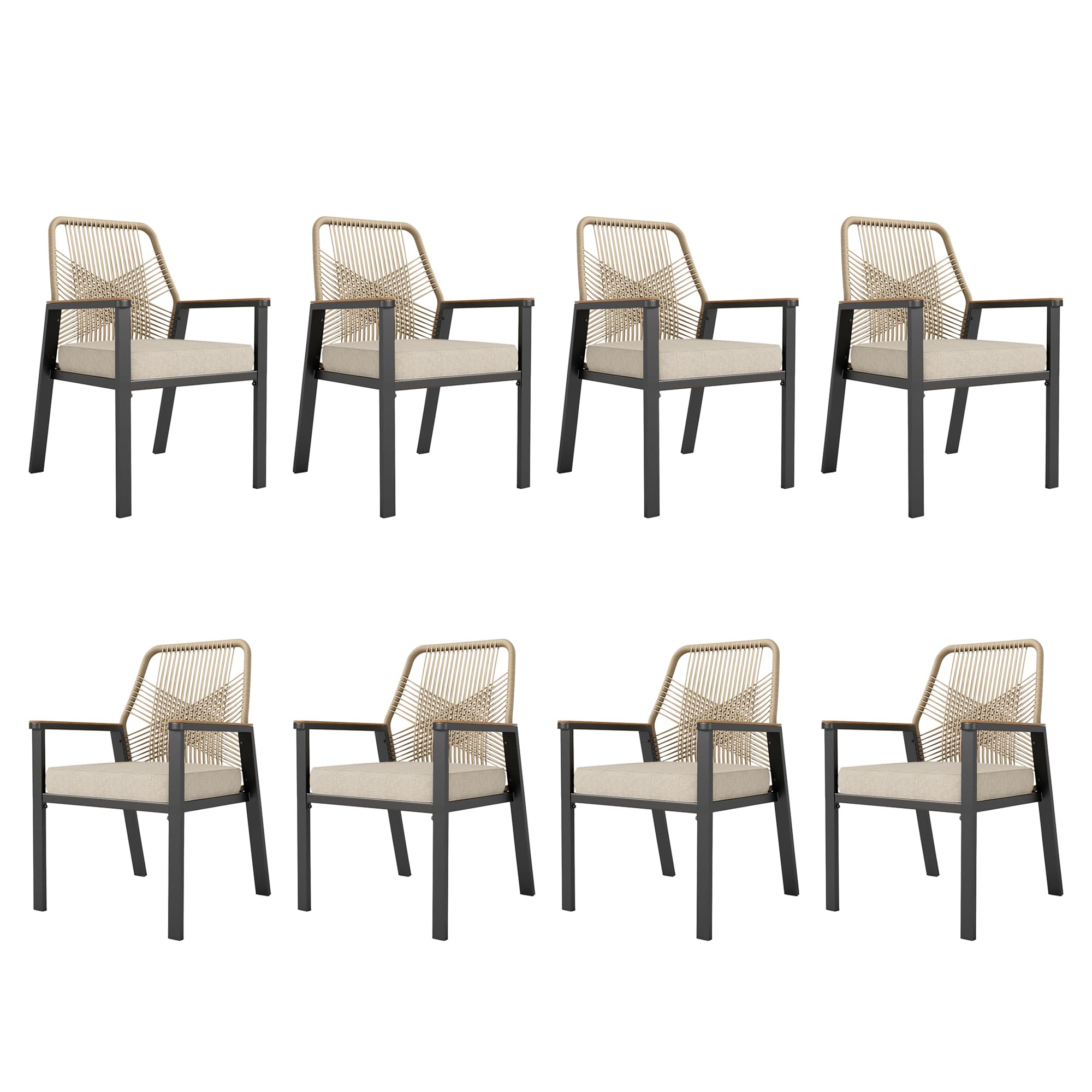 Hera'S House Patio Chairs Set Of 8, 36.6' Rattan Dining Chairs With Heavy-Duty Wrought Iron Metal Frame Support 300Lbs, All-Wea