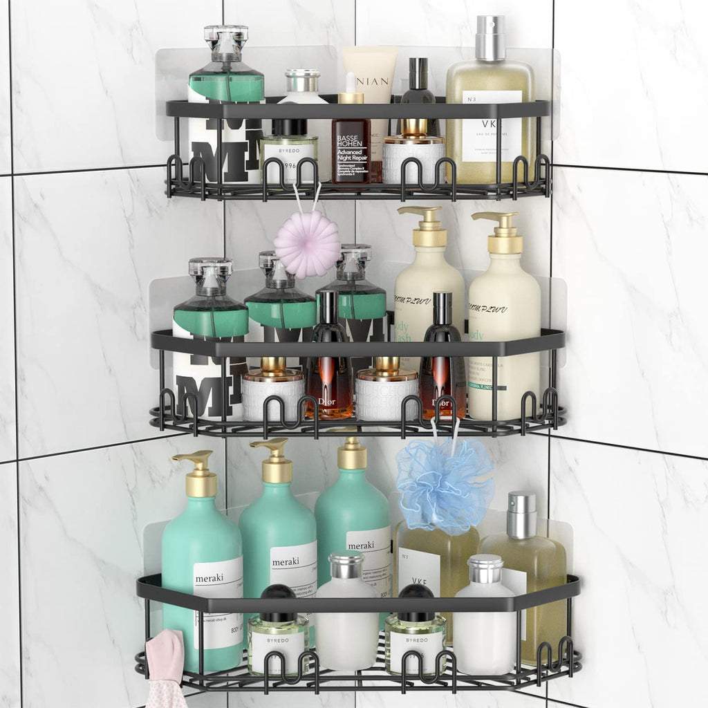 STEUGO Corner Shower Caddy, Shower Organizer Corner Shower Shelf with 12 Hooks,3-Pack Adhesive Stainless Steel Shower Shelves fo
