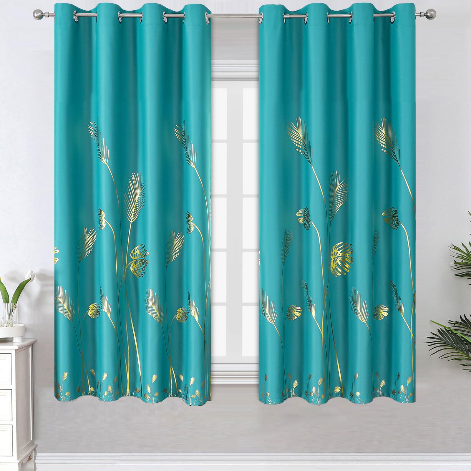 Estelar Textiler Teal Blackout Curtains 63 Inches Long, Grommet Curtains With Gold Palm Tree Pattern, Light Blocking Thermal Ins