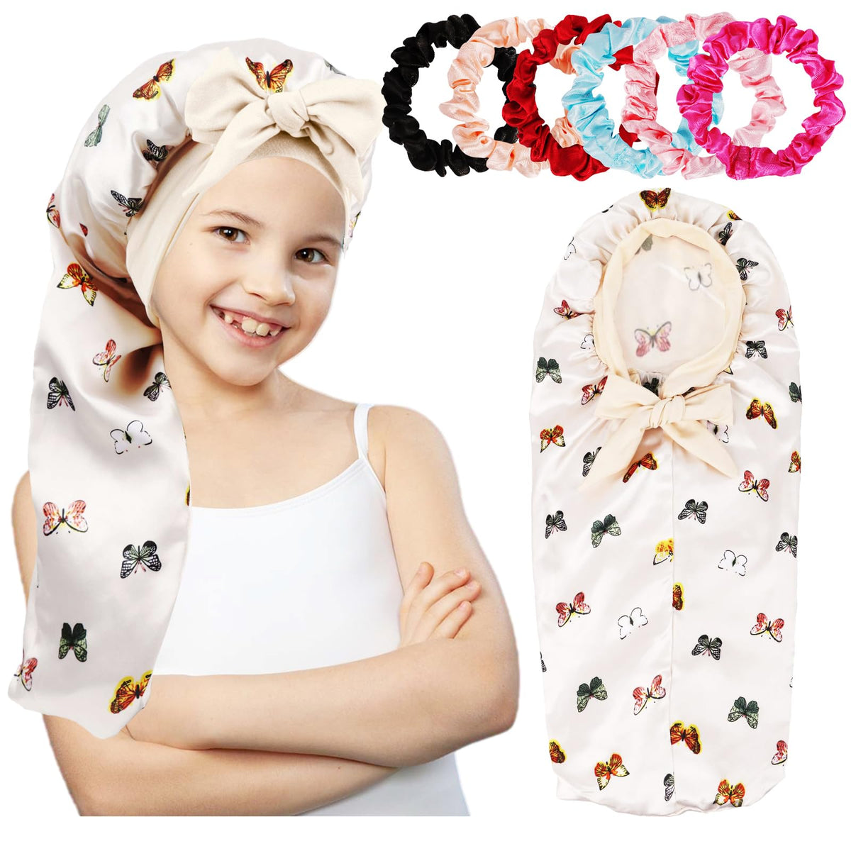Long Kids Bonnets for Girls,Bonnet for Sleeping Kids,Satin Bonnet for Kids Braids,Curly Hair (Beige Butterfly)