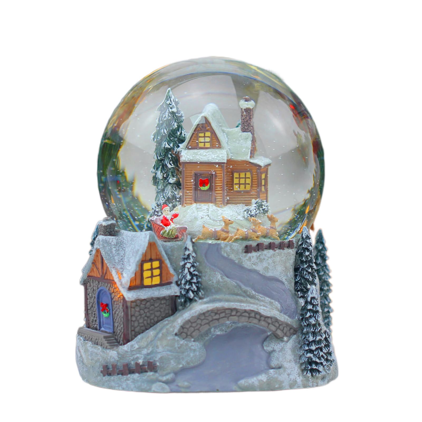 Juniland Snowy Town and Automatic Revolving Santa and Sleigh Snow Globe Color Changing Light Effect Snowglobe with Illuminating 