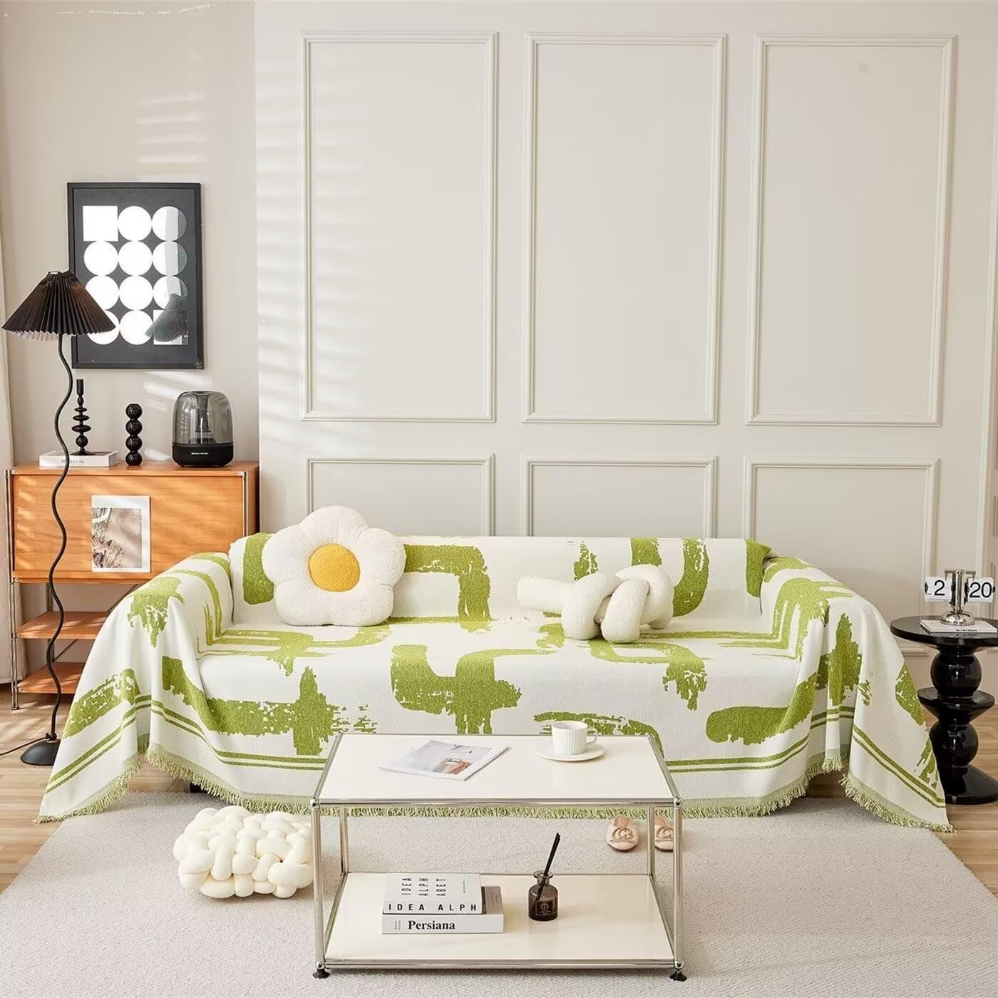 VClife Boho White Green Stripe Couch Cover Skin-Friendly Dog Sofa Cover for 3 Cushion Couch Sofa, Cozy Chenille Sectional Sofa C