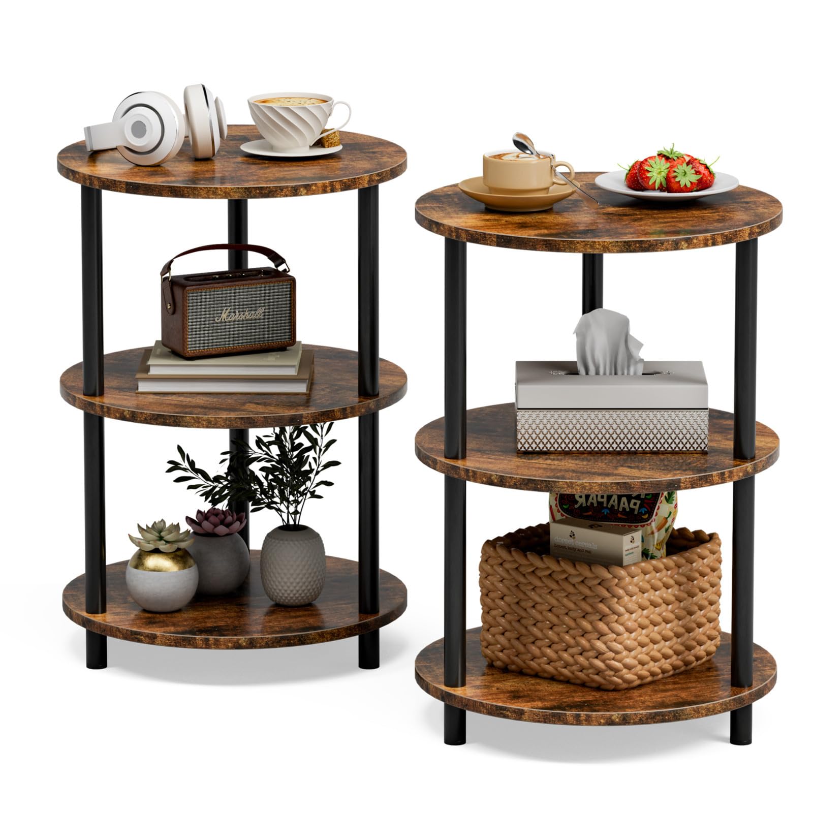 XBurmo Small Round End Table - 3 Tier Design Accent Table, Narrow Side or Bedside Stand, Industrial Vintage Nightstand for Bedro