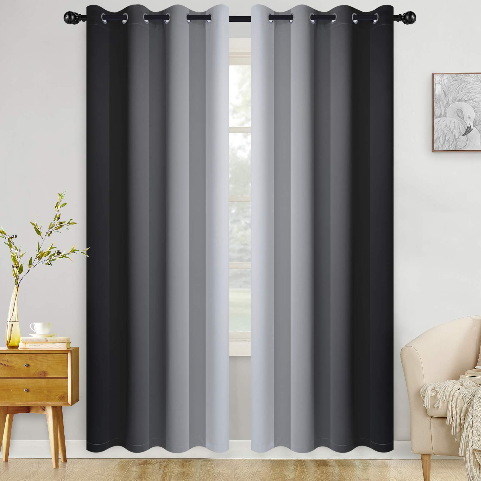 Cosviya Grommet Ombre Room Darkening Curtains 84 Inch Length 2 Panels, Black And Grayish White Gradient Drapes Light Blocking In