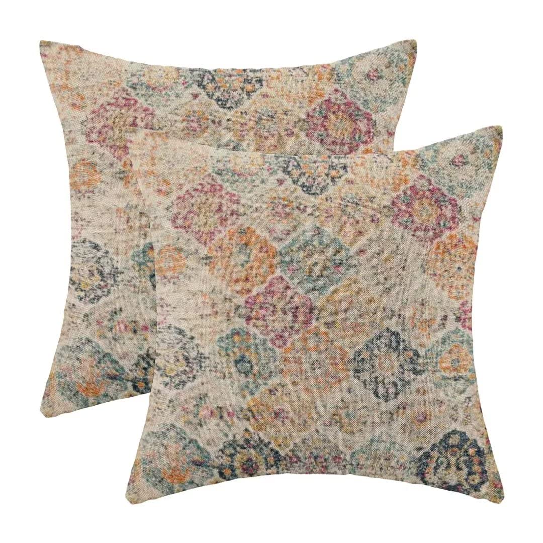 Aeioae Boho Pillow Covers 18X18 Set Of 2 Bohemian Chic Floral Medallion Trellis Decorative Throw Pillow Outdoor Linen Square Col
