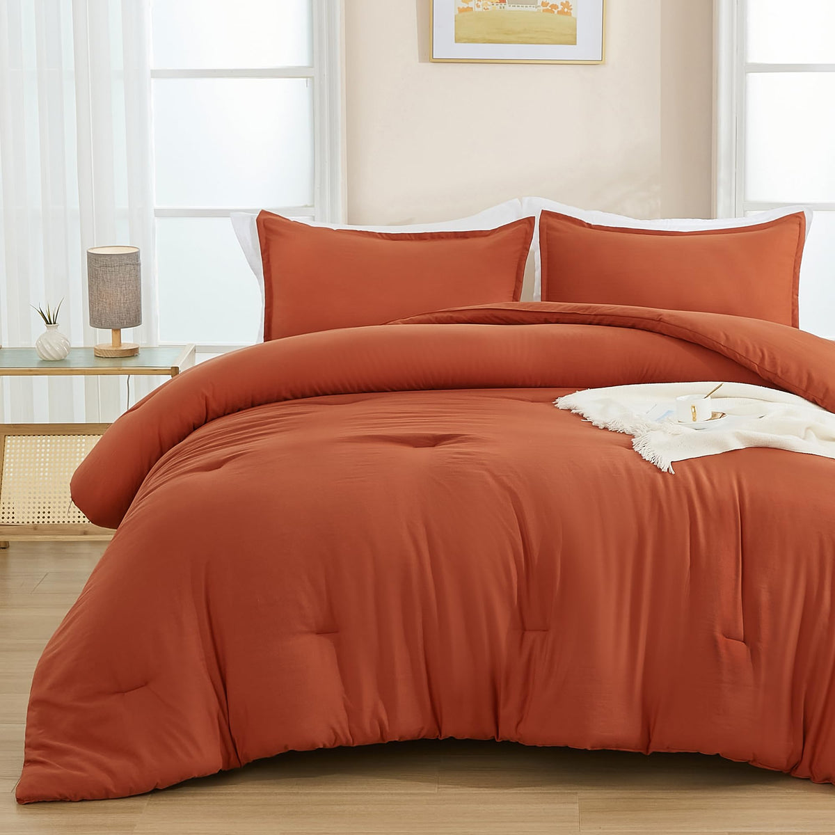Andency Burnt Orange Queen Comforter Set - 7 Pieces Terracotta Bed In A Bag Queen Bedding Comforter Sets, Summer Solid Soft Ligh