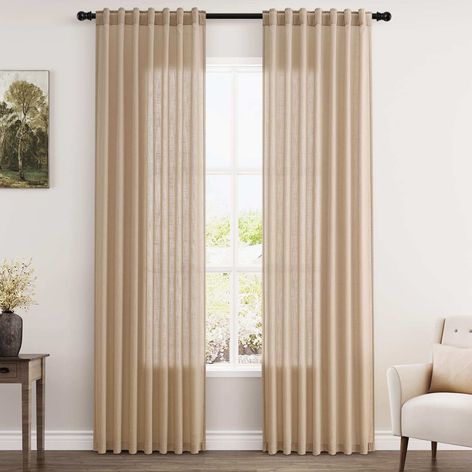 Tan Brown Linen Curtains For Living Room 2 Panels Set 84 Inch Length Back Tab Light Filtering Semi Sheer Curtain Drapes For Bedr
