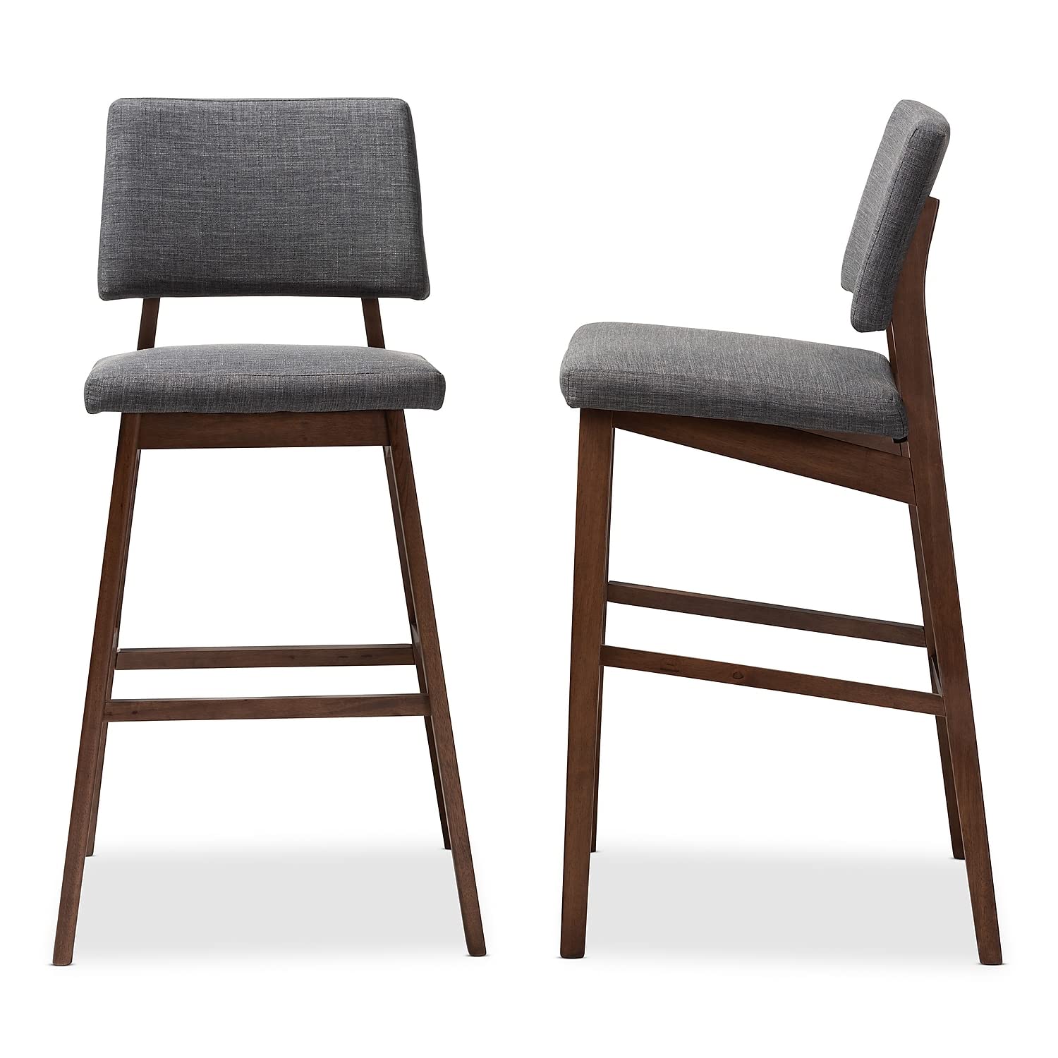 Baxton Studio Colton Mid-Century Modern Dark Gray Fabric Upholstered and Walnut-Finished Wood Bar Stool Set of 2