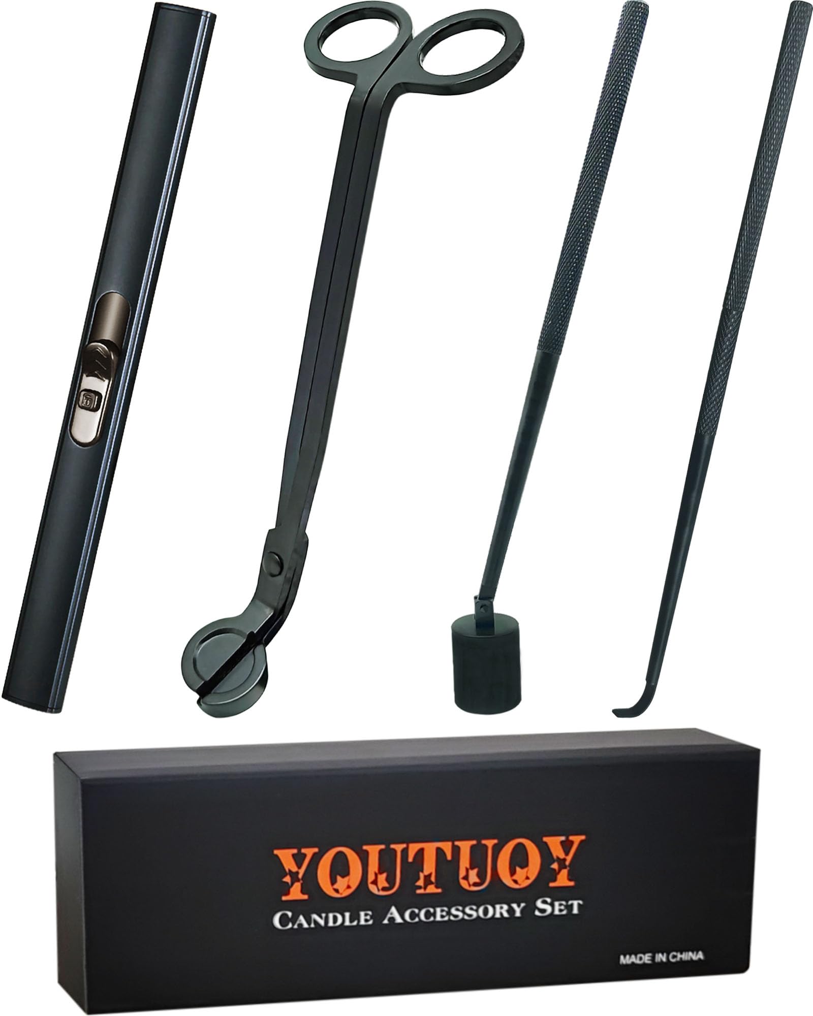 YOUTUOY 4 in1 Candle Accessory Set with Rechargeable Candle Lighter, Candle Wick Trimmer, Candle Wick Snuffer, Candle Wick Dippe