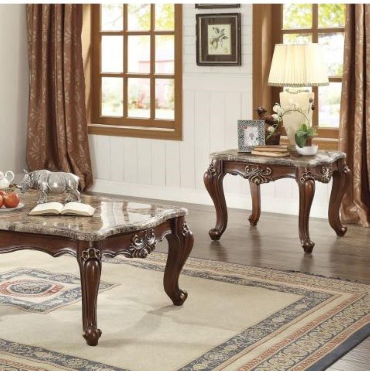 Acme Shalisa Square Wooden End Table with Queen Anne Legs in Marble and Walnut