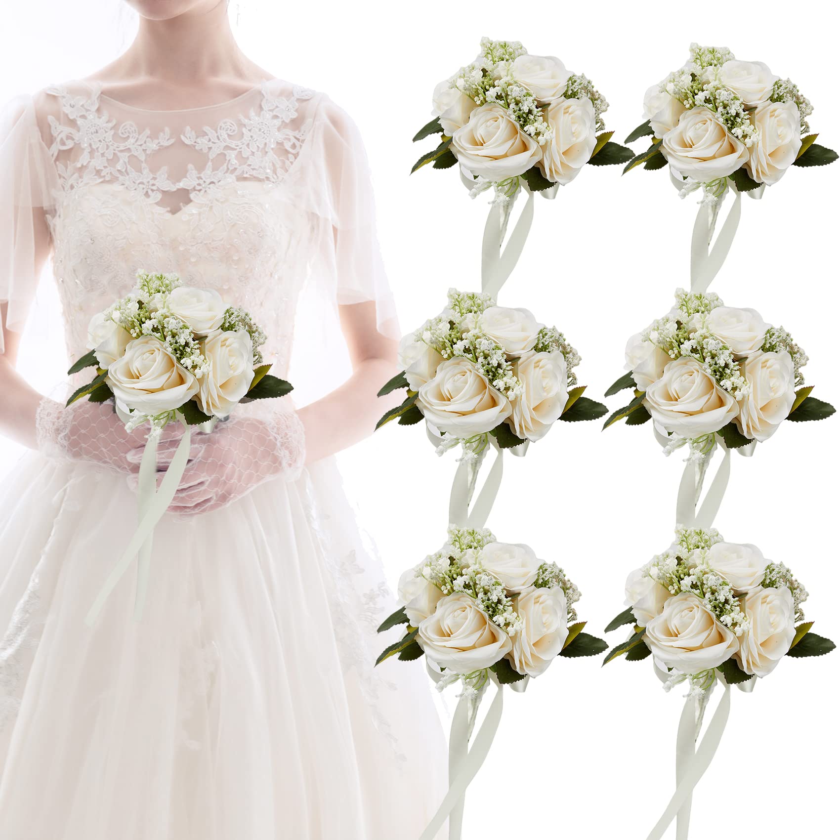 Meldel 6.5 Inch Bridesmaid Bouquet Set of 6, Ivory Wedding Bouquets for Bridesmaids, Small Bridesmaid Bouquets for Wedding, Arti